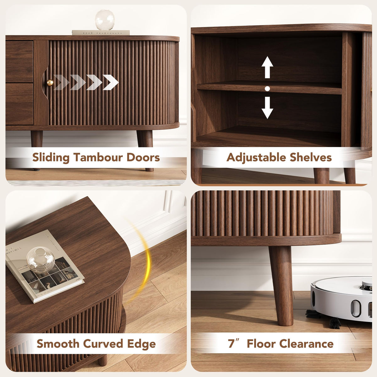 70" Mid-Century Fluted TV Stand with Storage up to 80 Inch, Walnut