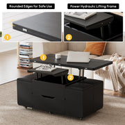 homary Coffee Table with Stools, Black 3-in-1 Modern Lift-Top Folding Center Table with Hidden Storage, Casters, and Lockable Wheels ¨C Convertible Dining & Office Table for Living Room