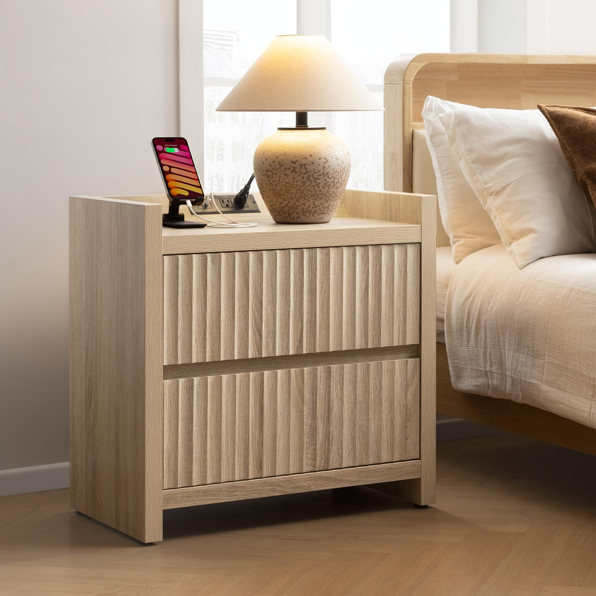 Fluted Nightstand Set with Charging Station