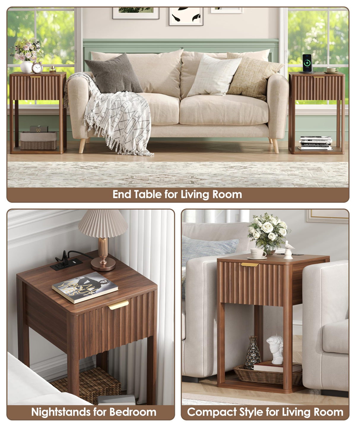 Akxomel Nightstand Set 2 with Charging Station Fluted Bedside Table Walnut