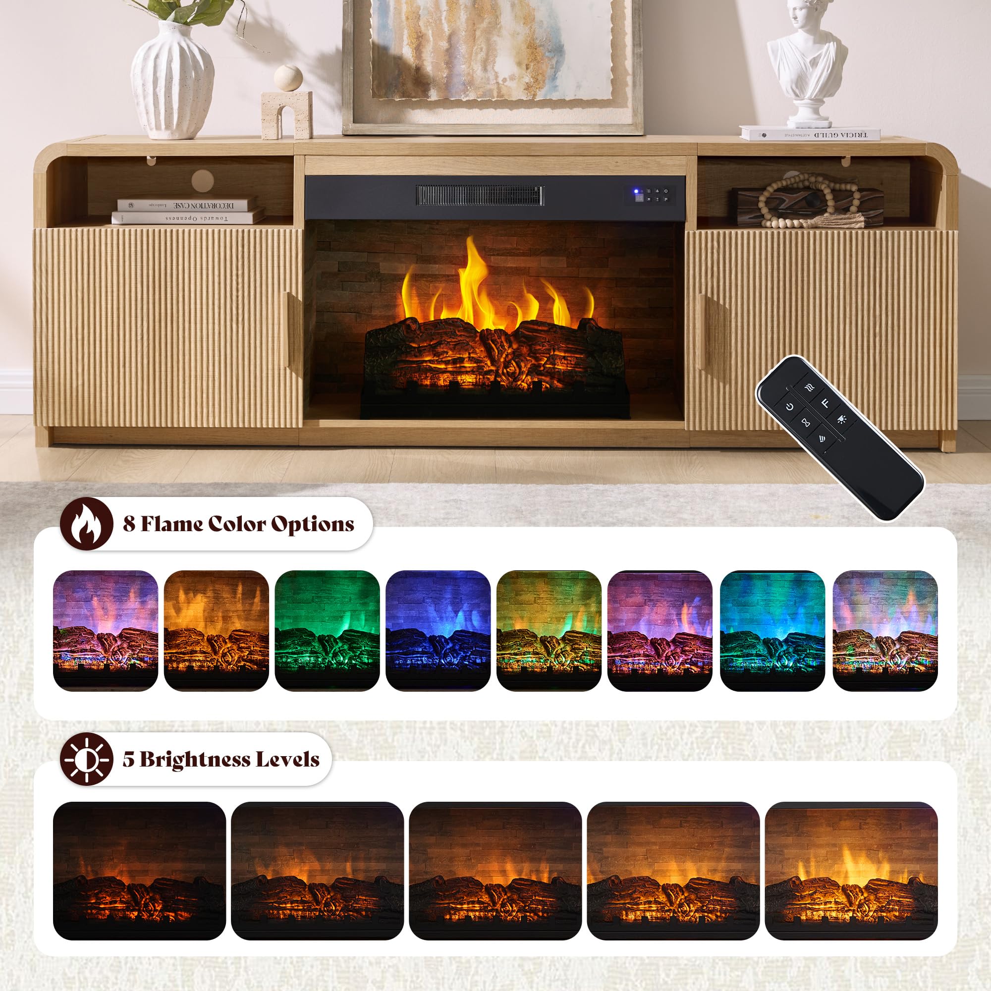 AMERLIFE 70" Fluted Fireplace TV Stand for TVs Up to 80", Modern TV Console with 30" Electric Fireplace & Storage Cabinets, Media Entertainment Center for Living Room, Natural Oak