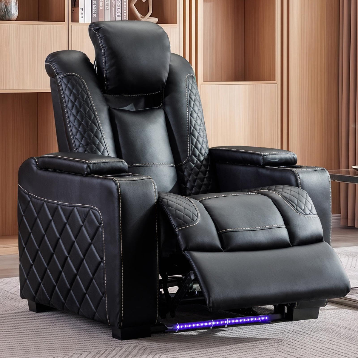 EBELLO Electric Power Recliner Chair with Adjustable Headrest, Faux Leather Home Theater Seating Chairs with Ambient Lighting, Hidden Arm Storage, USB Ports, Cup Holders, for Movie & Media Room