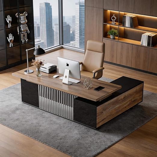 L-Shaped Executive Desk with Drawers & Charging Ports