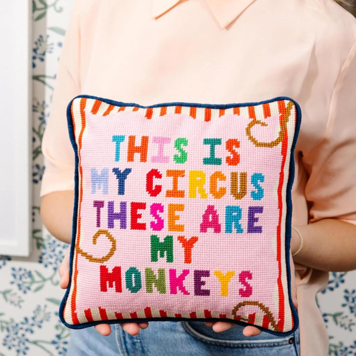 FURBISH This is My Circus These are My Monkeys Needlepoint Pillow