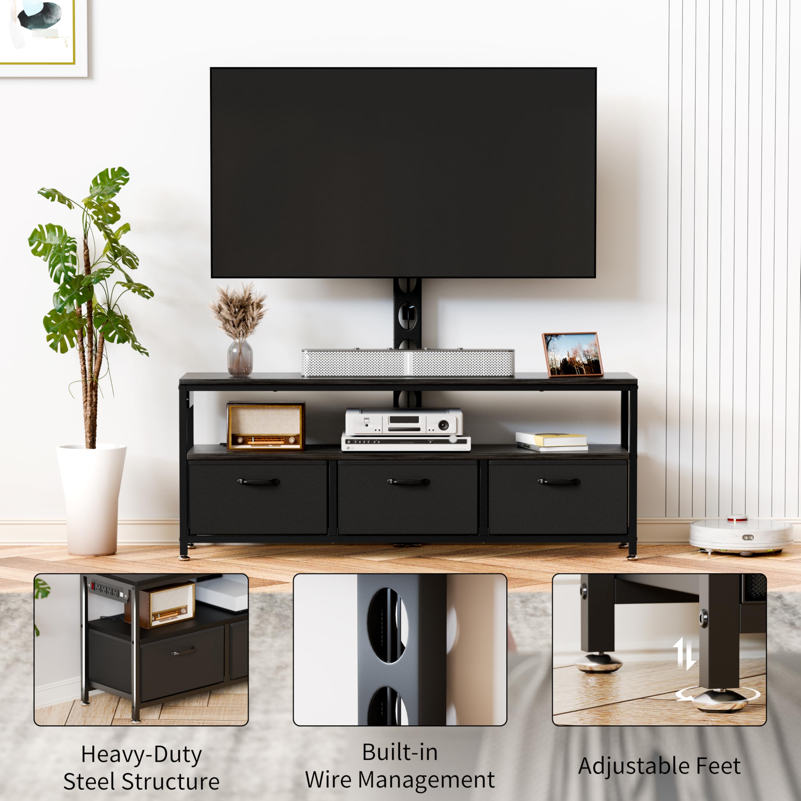 JUSTOGO TV Stand with Mount and Power Outlet, TV Stand Mount with Storage for Living Room, Entertainment Center with LED Lights for 45 55 60 65 inch, Height Adjustable Media Console, Black