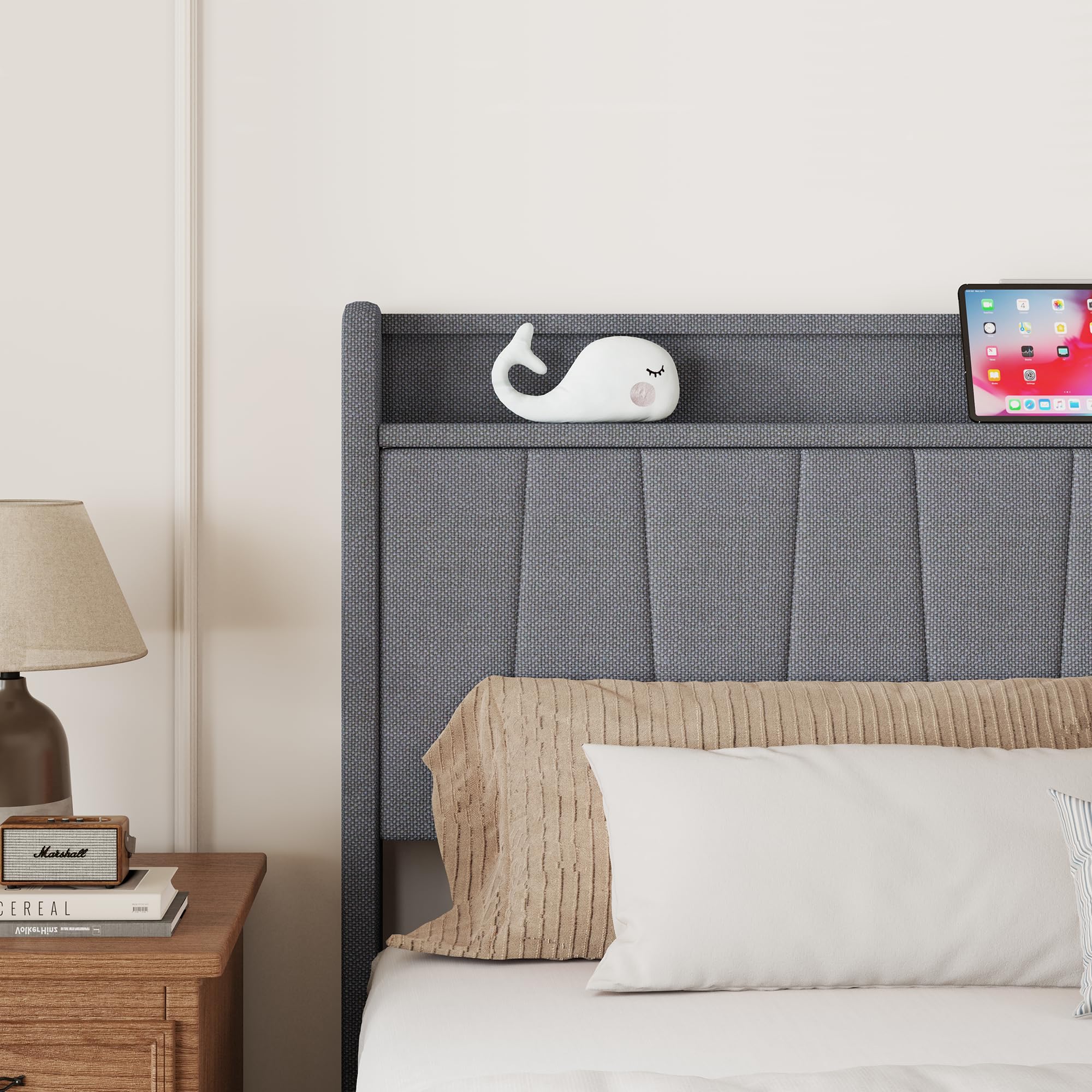 Pingliang Home Queen Size Bed Frame, Linen Upholstered Platform Bed with Storage Headboard, Strong Wooden Slats Support, No Box Spring Needed, Easy Assembly, Dark Grey