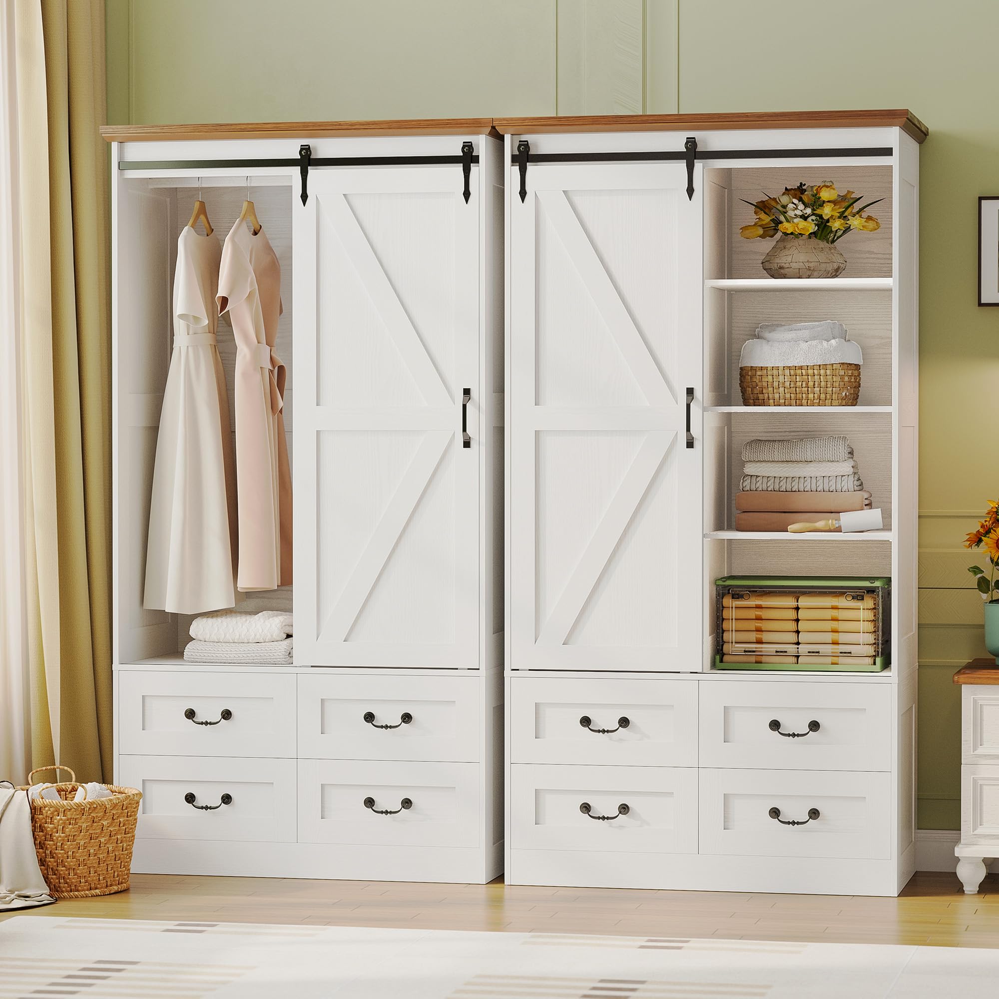 Sliding Barn Door Wardrobe with Drawers & Hanging Rod