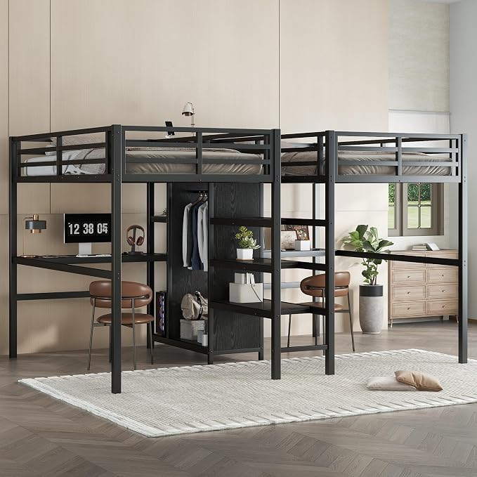 Twin Double Loft Bed with Desk and Wardrobe