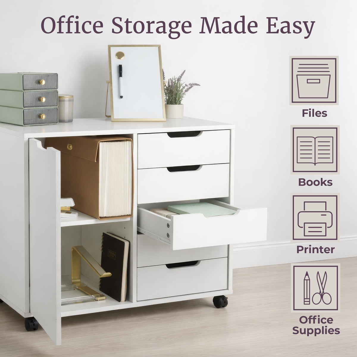 White 5-Drawer Rolling Storage Cabinet