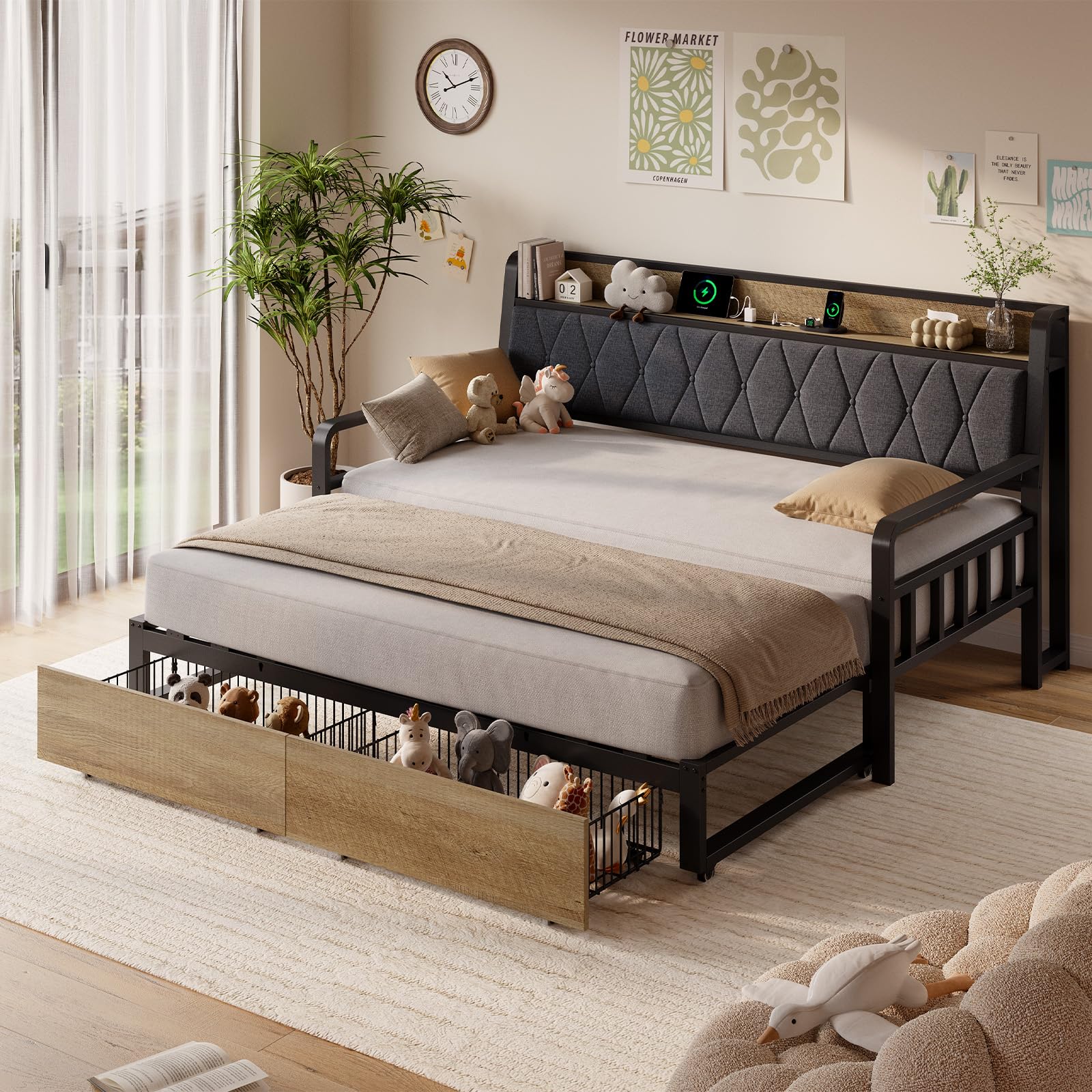 ONBRILL Twin Daybed with Trundle, Twin to King Daybed with Pop up Trundle, Metal Twin Day Bed Frame with Storage Drawers, Upholstered Headboard & Power Outlet for Living Room & Guest Room, Black