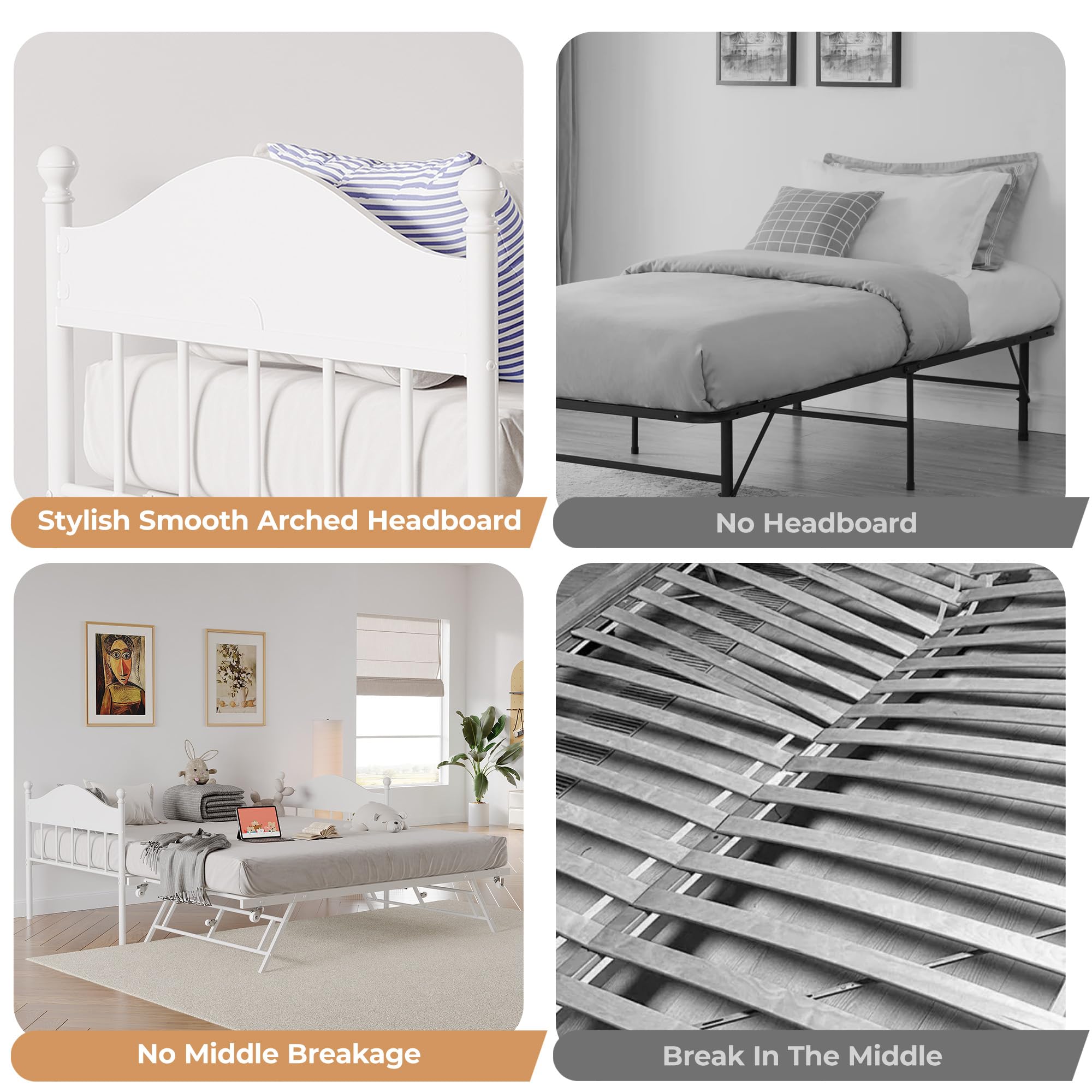 Daybed with Trundle, Metal Twin Size Day Bed with Stylish Headboard, Sofa BedFrame with Pop Up Foldable Trundle Bed, Heavy Duty Steel Slats Platform for Living Room, Bedroom and Guest Room, White