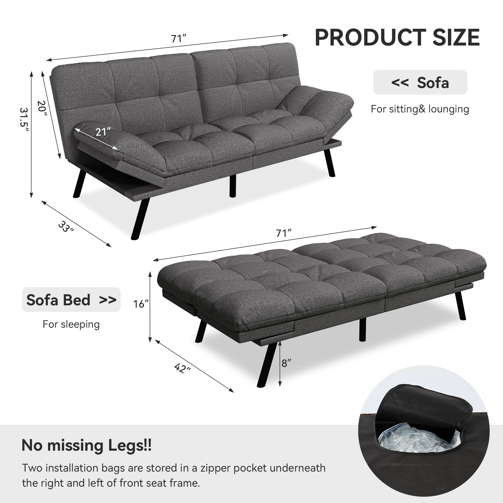 Convertible Futon Sofa Bed with Adjustable Backrest & Armrest
