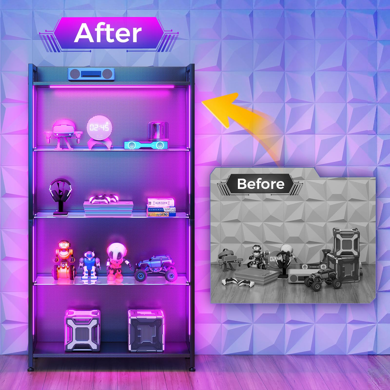 5-Shelf Display Cabinet with RGB LED Lights & Glass Shelves