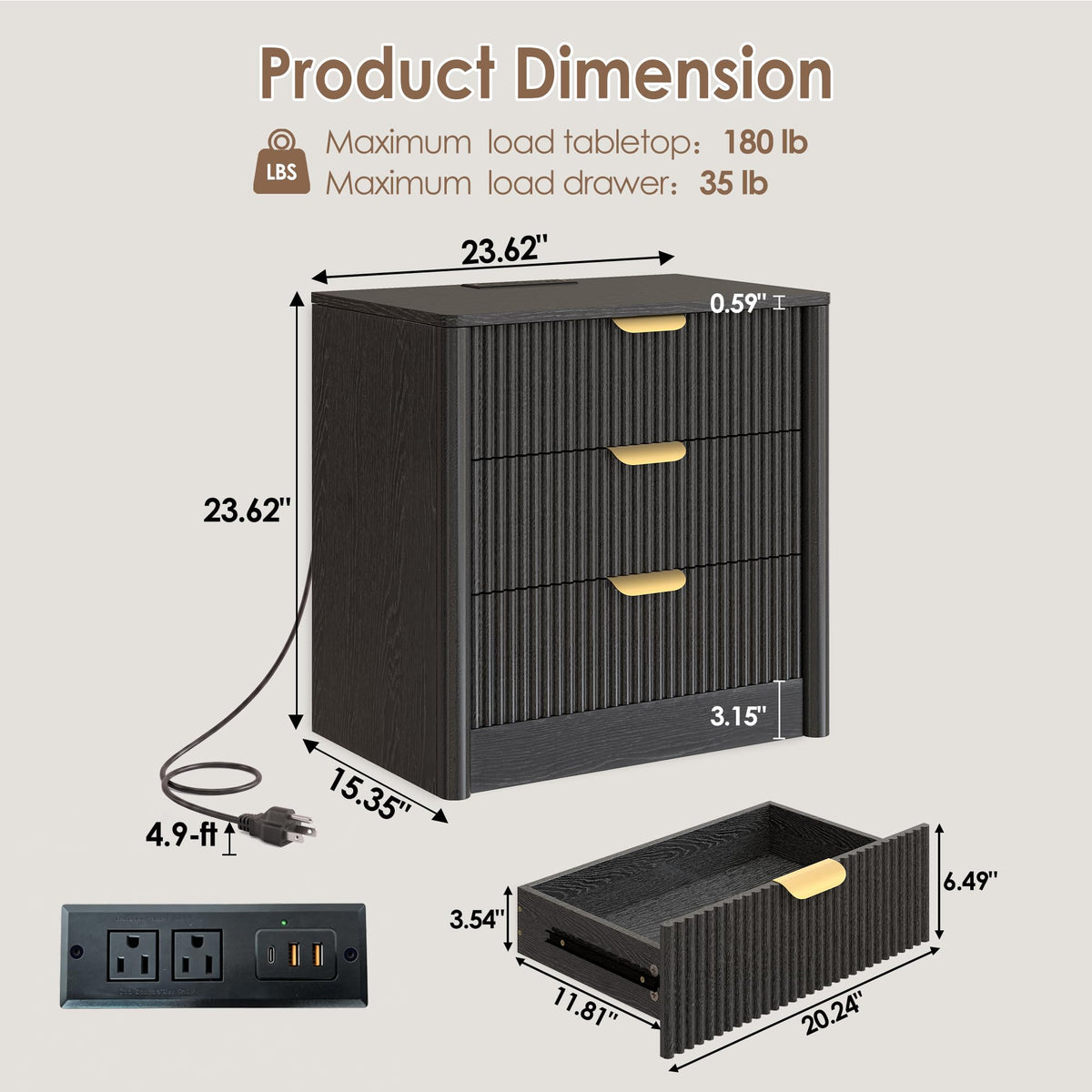 PLRSOZIM 23.6" Black Fluted Nightstand with Charging Station and 3 Drawers