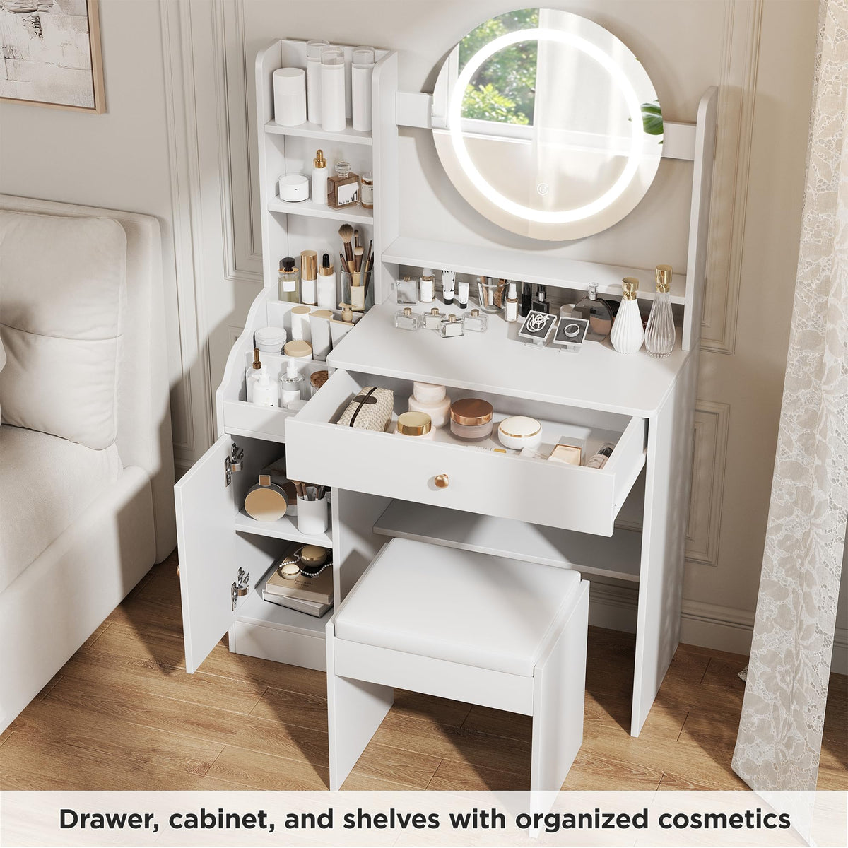 White LED Makeup Vanity with Stool