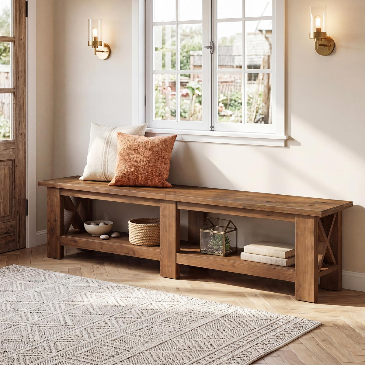 TRIBEWOOD 70.87" Solid Wood Entryway Shoe Bench, Extra Long Storage Bench
