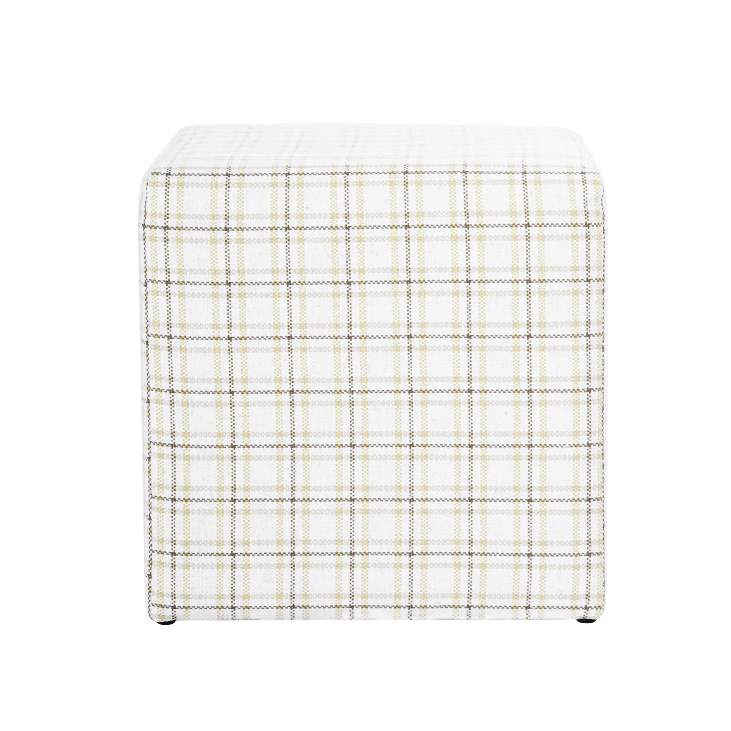 HomePop 19” Square Upholstered Ottoman with Solid & Engineered Wood Frame, Modern Cube Accent Stool for Living Room, Bedroom or Entryway - Natural Plaid Woven Fabric
