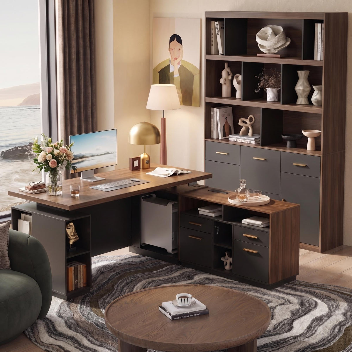 ModernMate Home Office Set, 71" L Shaped Executive Standing Desk, Bookcase