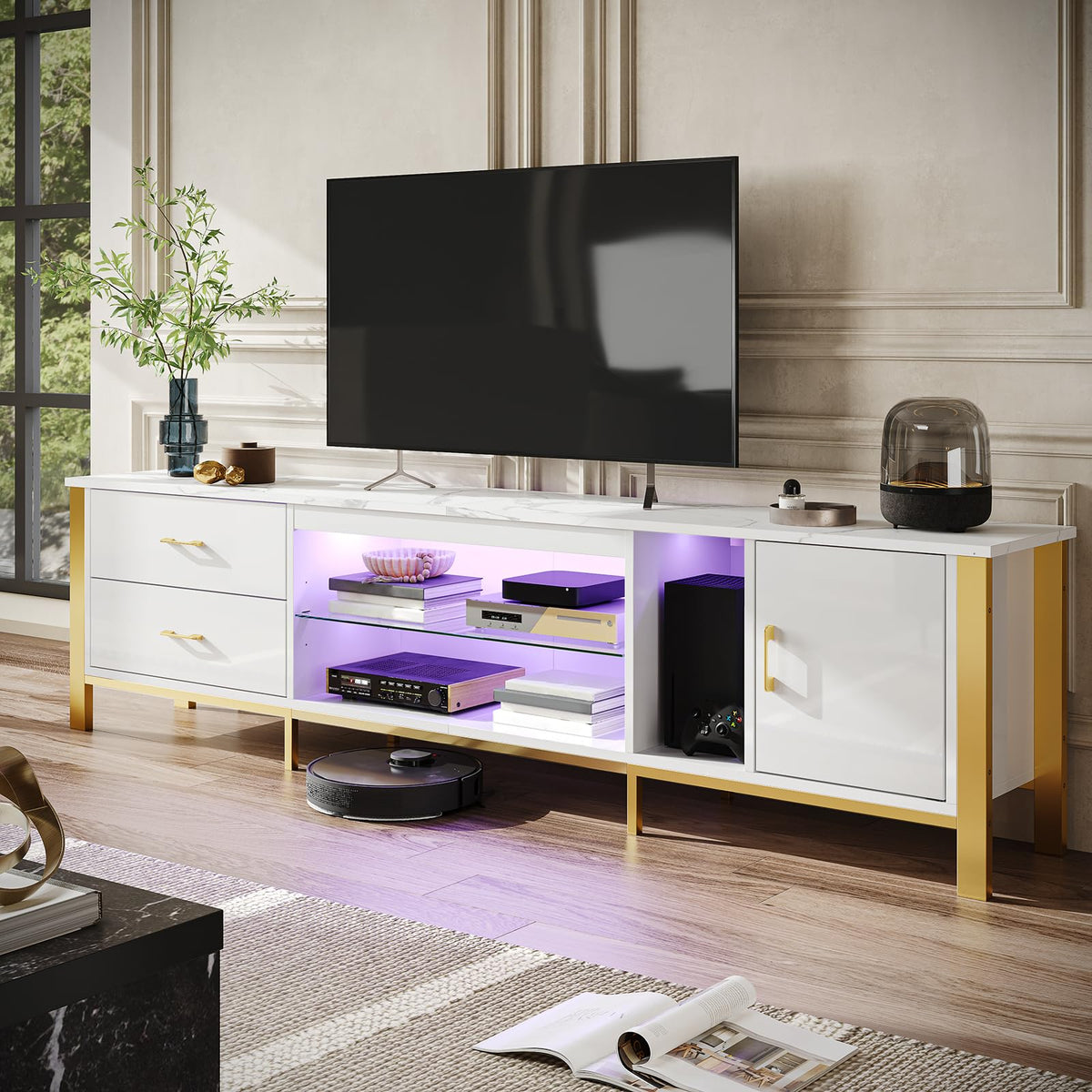 Bestier TV Stand for 75/80/85 inch TVs, LED Gaming Entertainment Center, Media Console with Glass Shelves for Living Room, 2 Storage Drawers & Cabinets for Bedroom, White Glossy