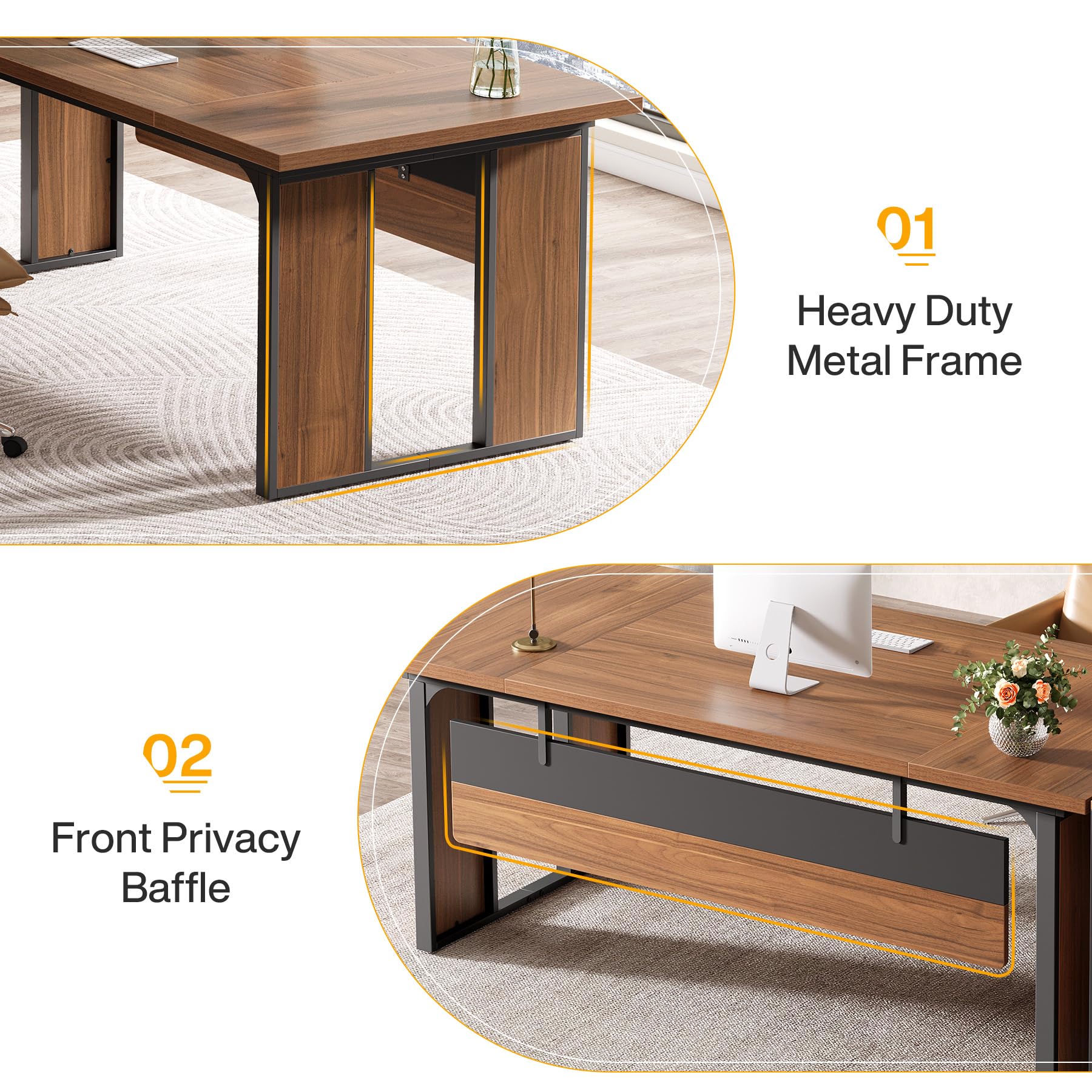 L-Shaped Executive Desk with 3-Drawer Filing Cabinet