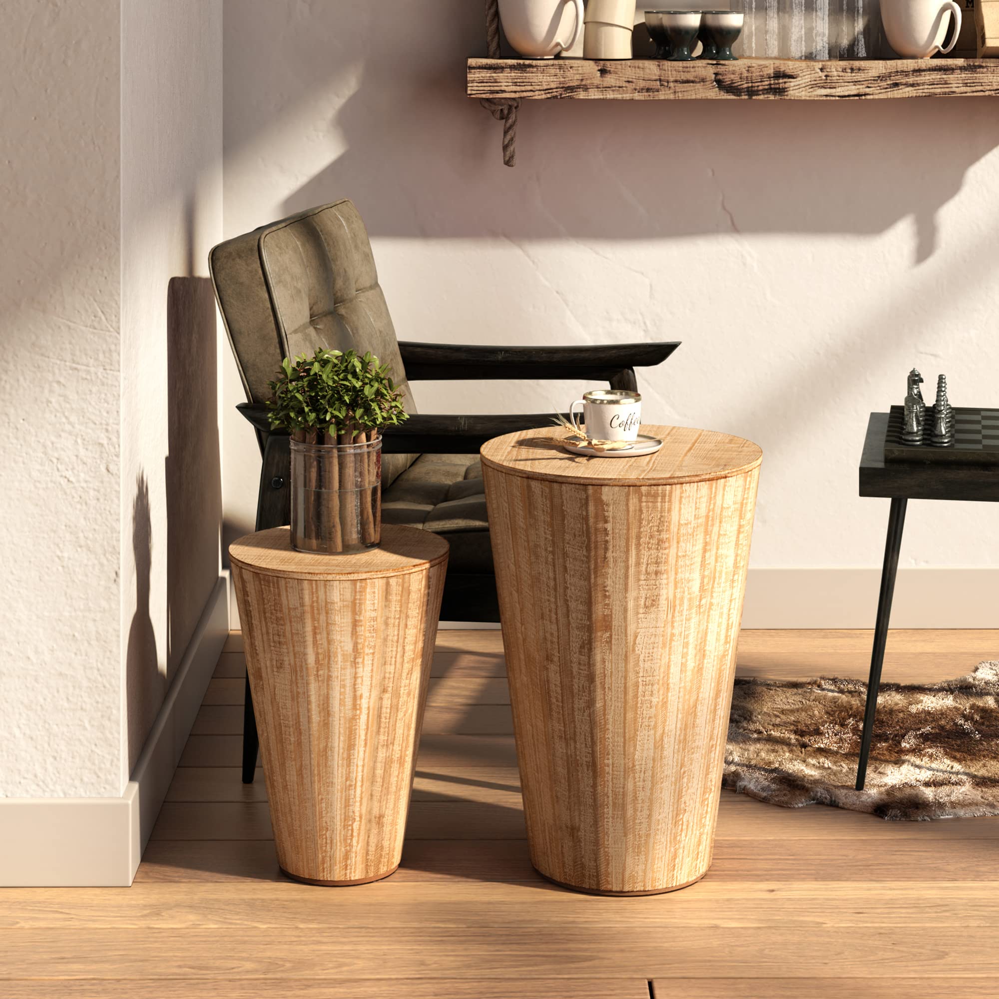 Farmhouse Barrel Side Tables with Storage, Set of 2