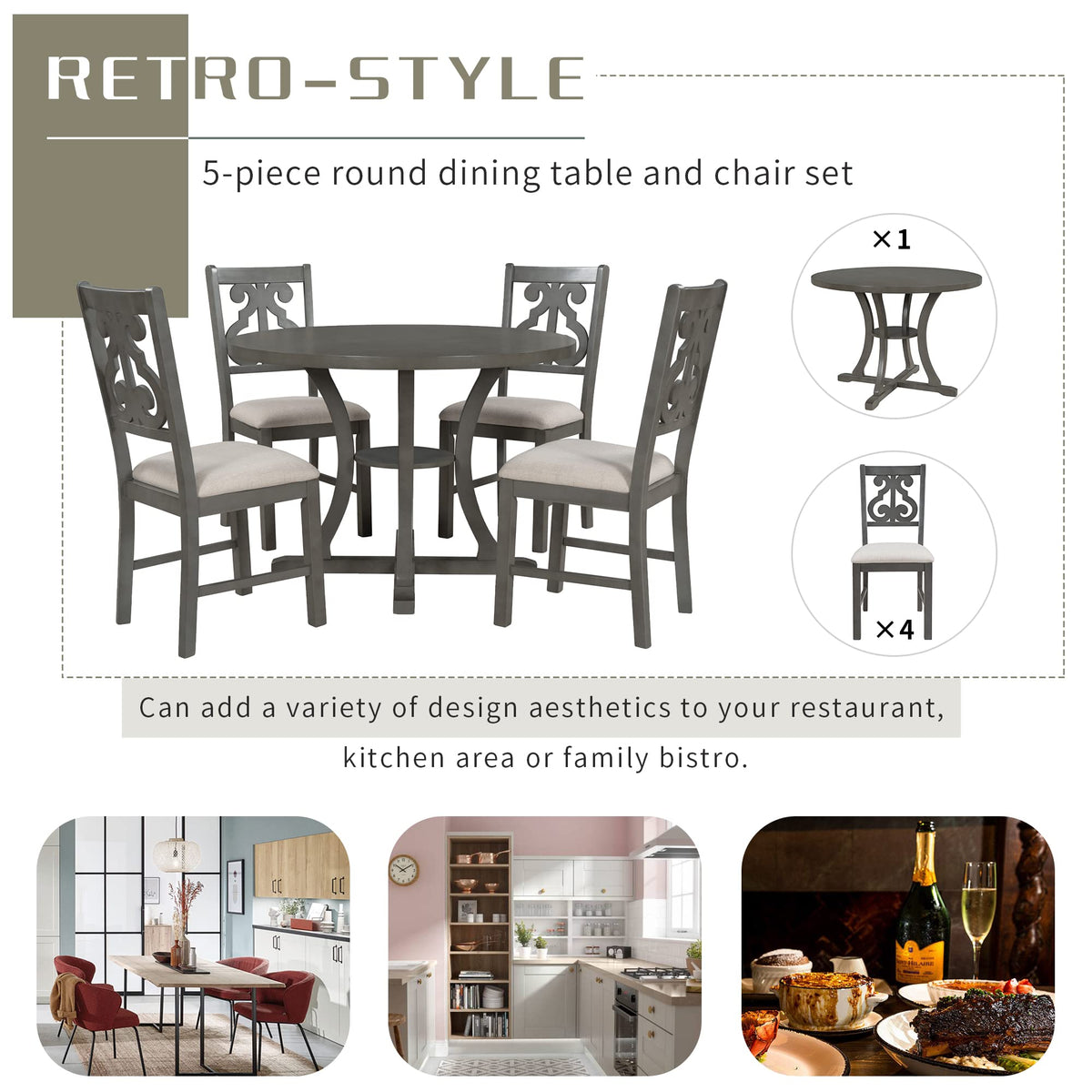 Merax 5 Piece Round Dining Table Set 4 Retro Chairs with Special-Shaped Table Legs, Exquisitely Designed Hollow Chair Back for Dining Room, Grey