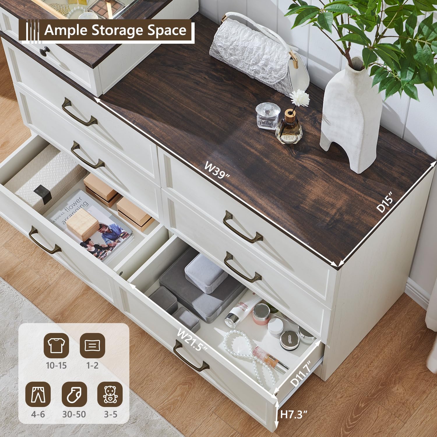 Aitjunz 69" W Big Vanity Desk with Glass Top, Farmhouse Makeup Table with 9 Large Storage Drawers, Rustic Wood Bedroom Dressing Table w/3 Color Available Light & 30" HD Led Mirror, Antique White