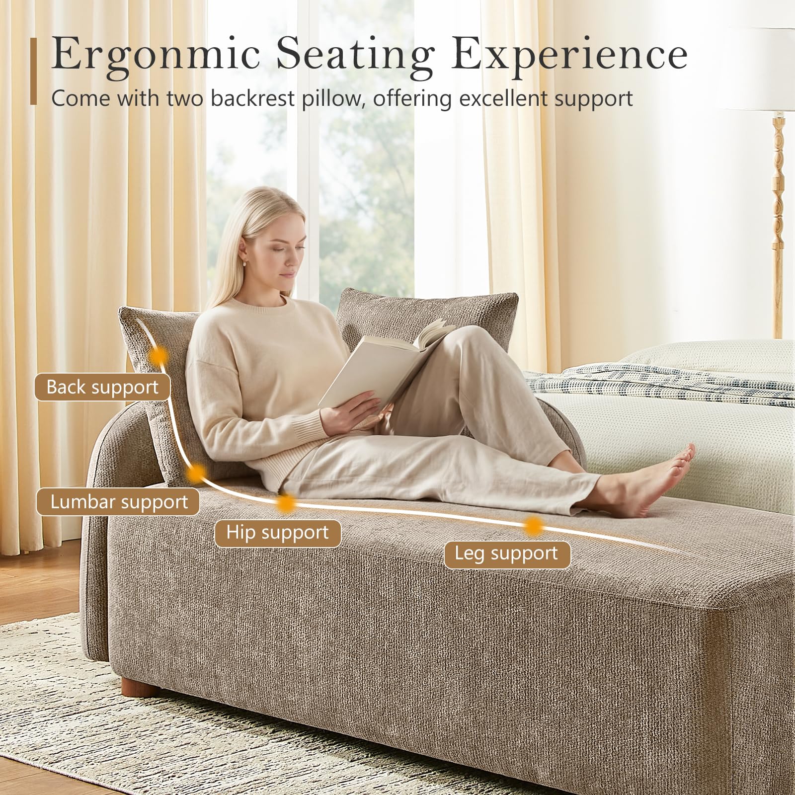 Arcrinte 68.9" Oversized Chaise Lounge Chair Indoor, Comfy Chenille Reading Chair Daybed, Upholstered Left Facing Sleeper Sofa with 2 Pillows, Lounge Sofa Chair for Living Room Bedroom