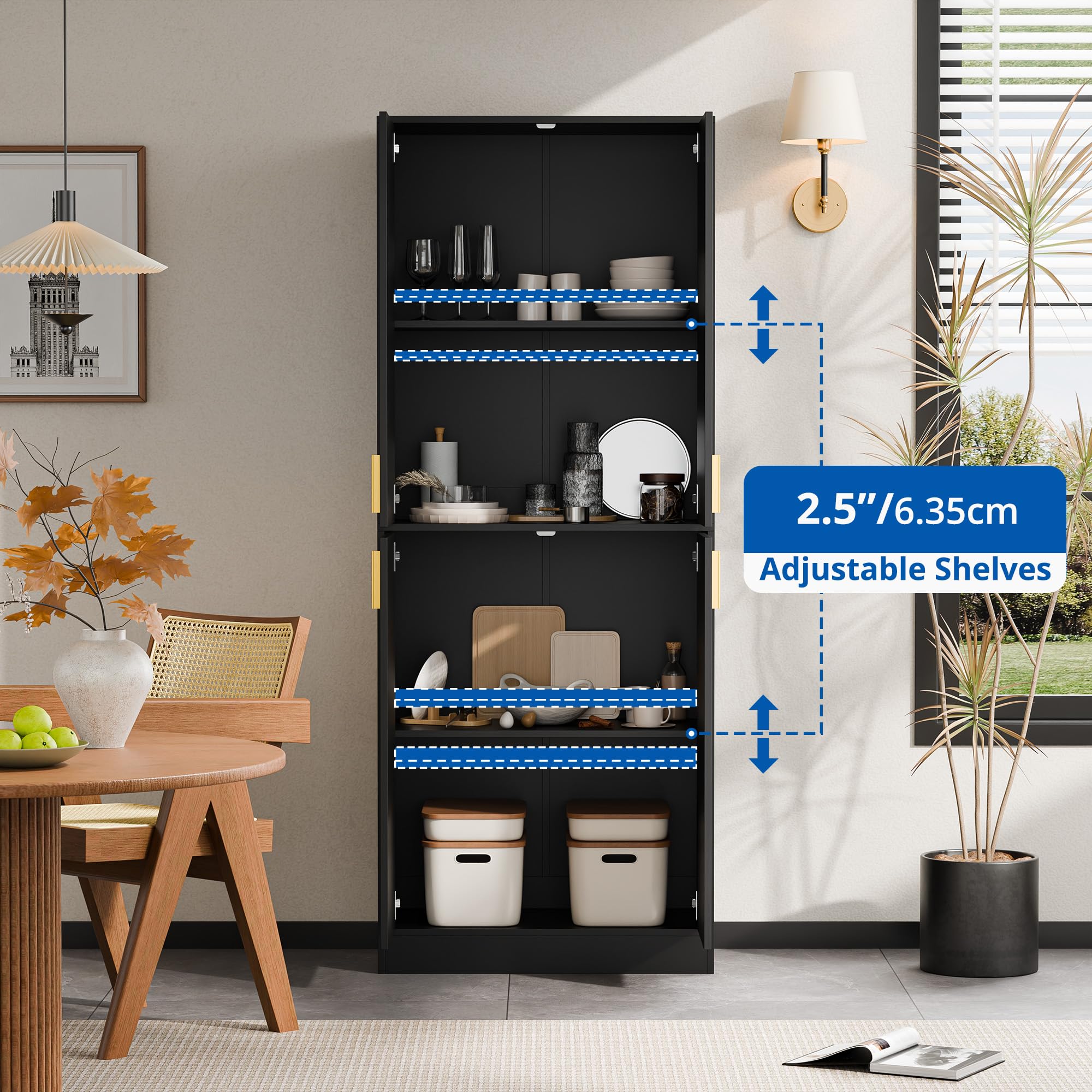 Cozy Castle Kitchen Pantry Cabinet, 71" Tall Wood Storage Cabinet with Doors and Shelves 4 Doors Freestanding Cupboard for Dining Room Living Room Furniture, Black