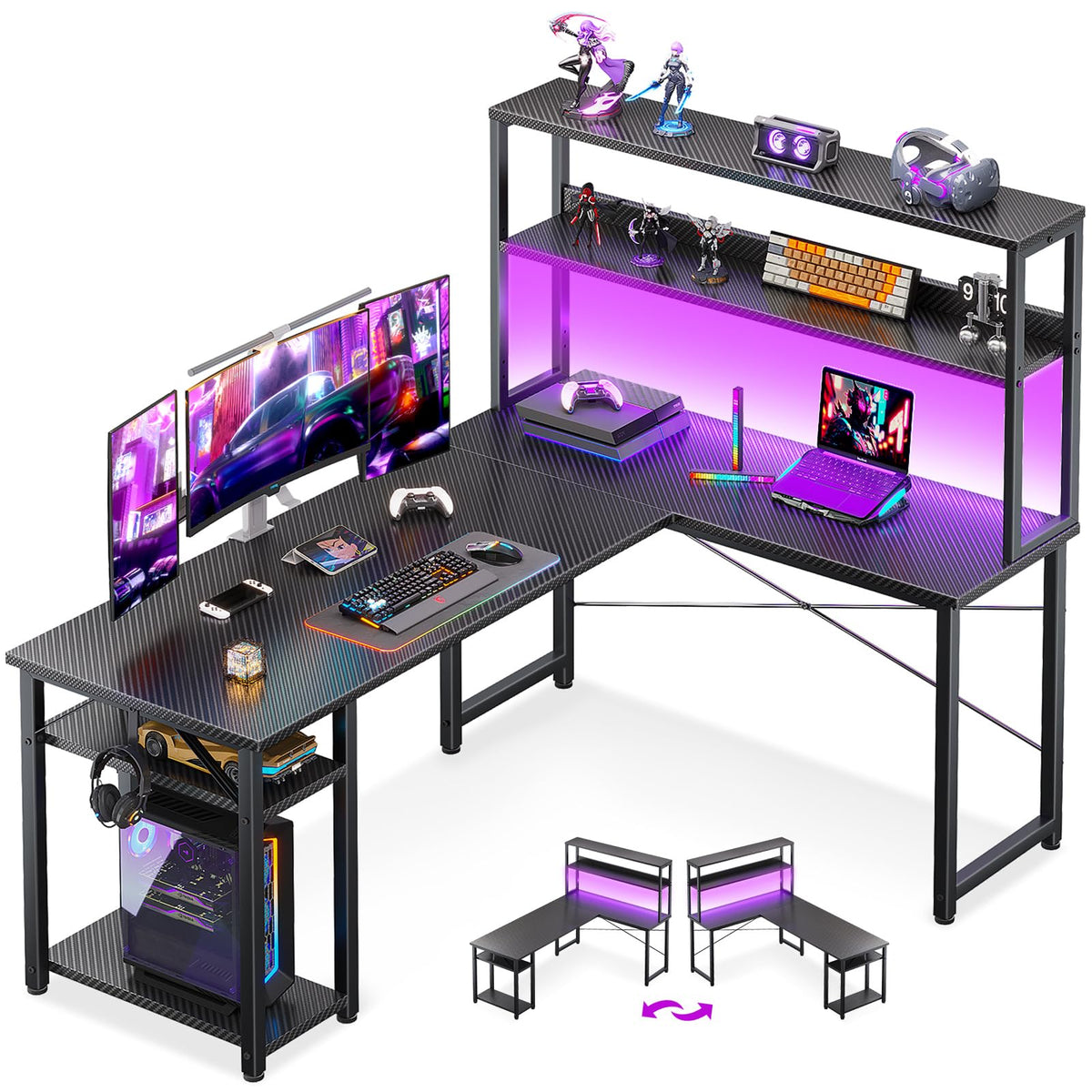 ODK 53 Inch L Shaped Gaming Desk with Hutch & Headphone Hook