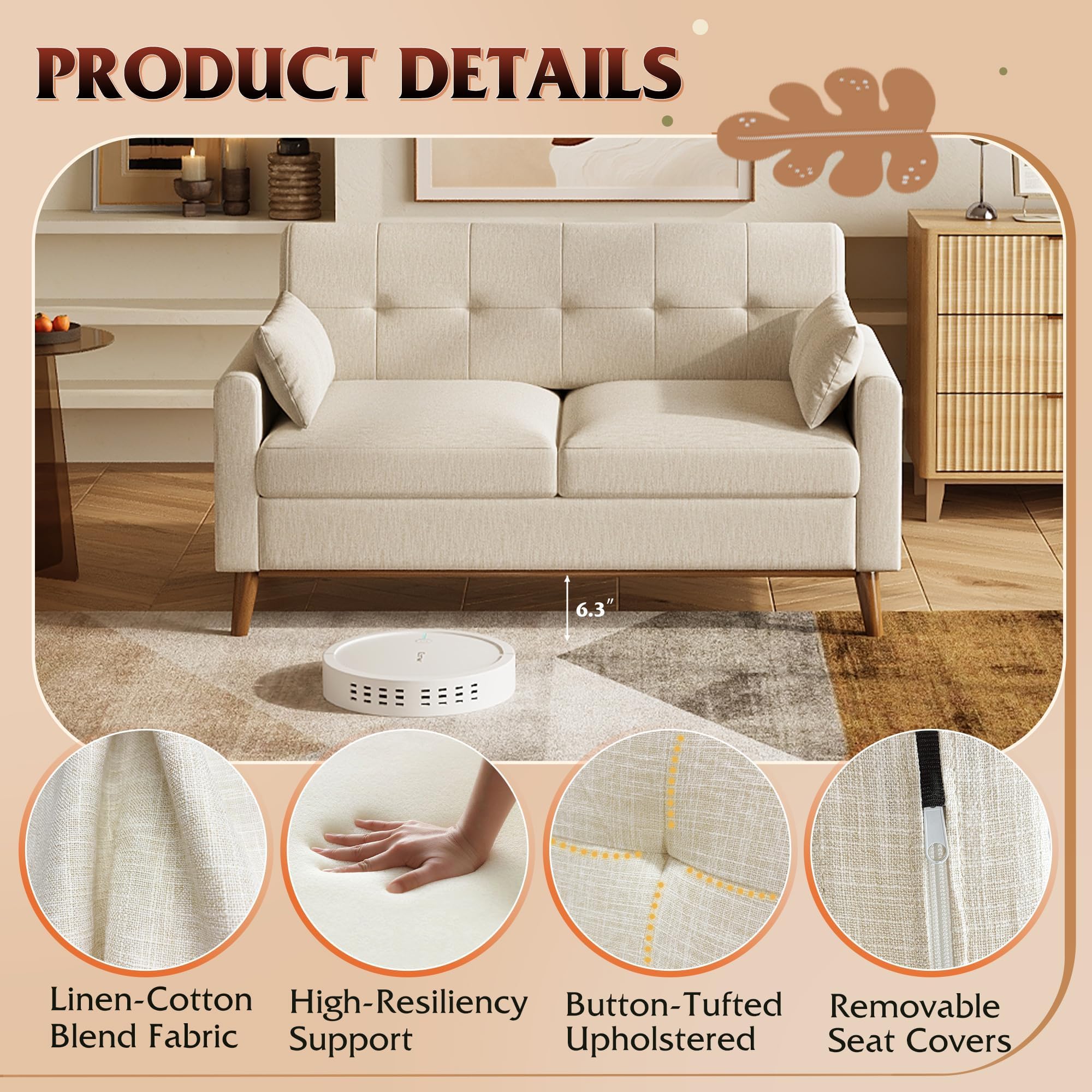 62" Button-Tufted Loveseat Sofa