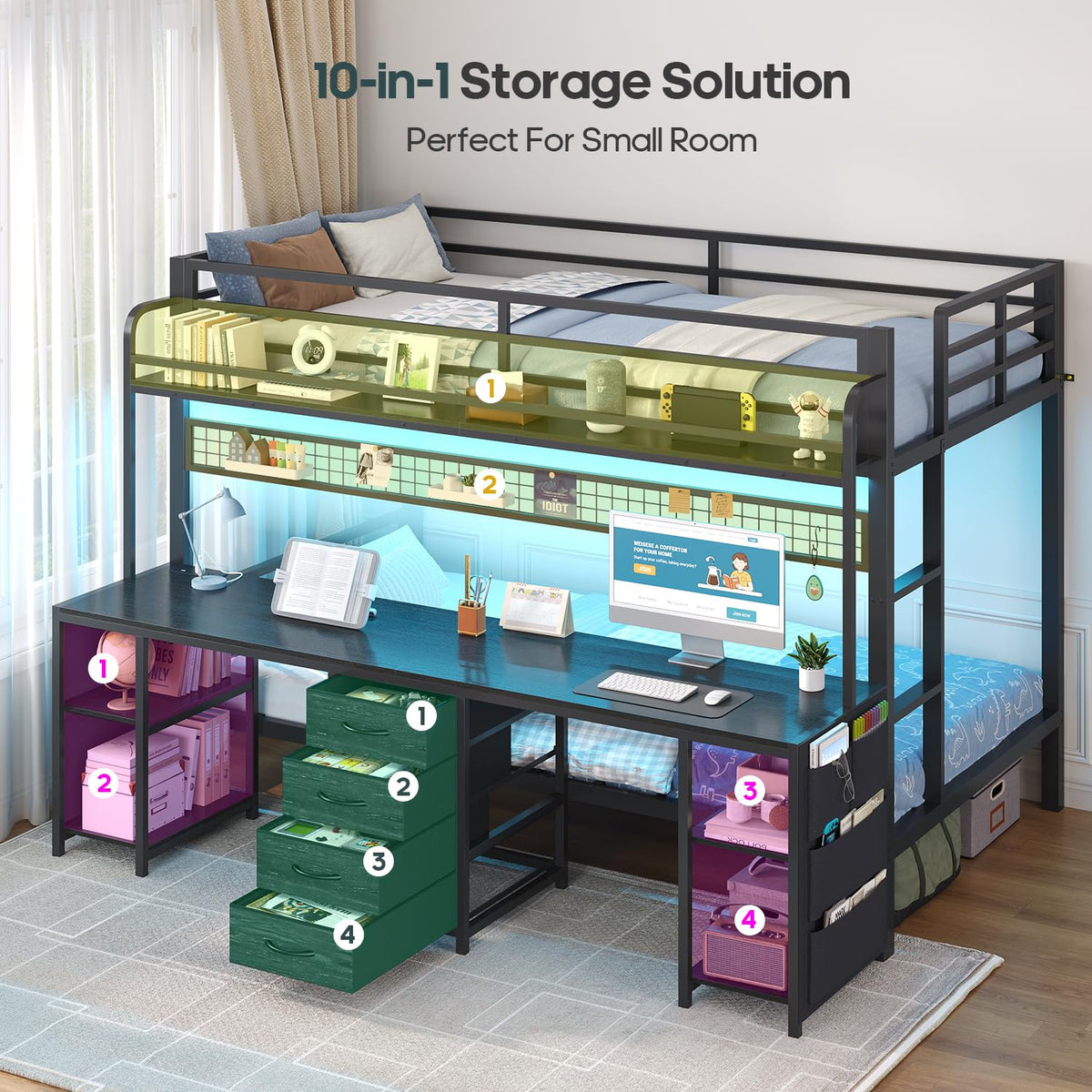 Twin Bunk Bed with Desk & LED Lights