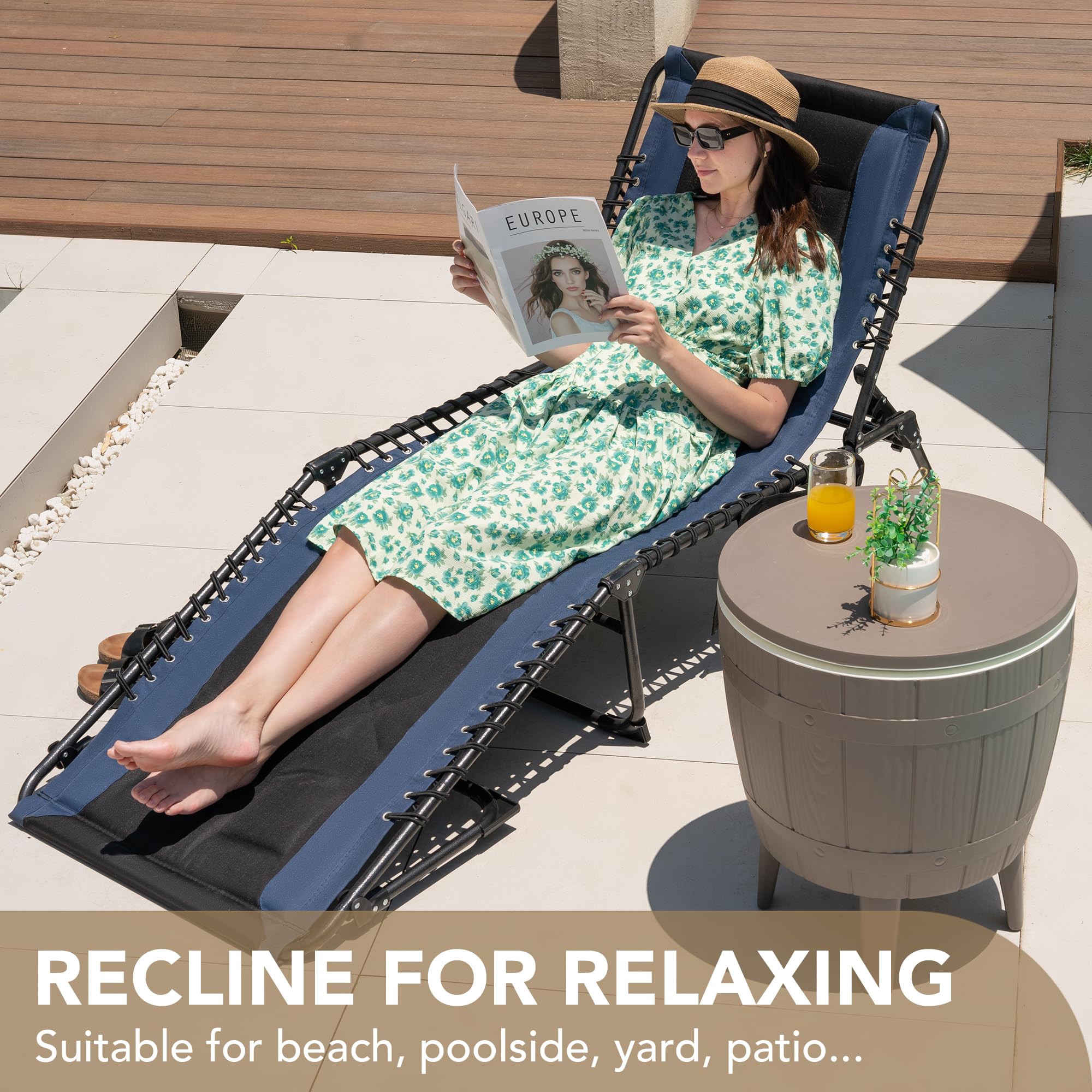 Folding Outdoor Chaise Lounge Chair with Pillow & Side Pocket