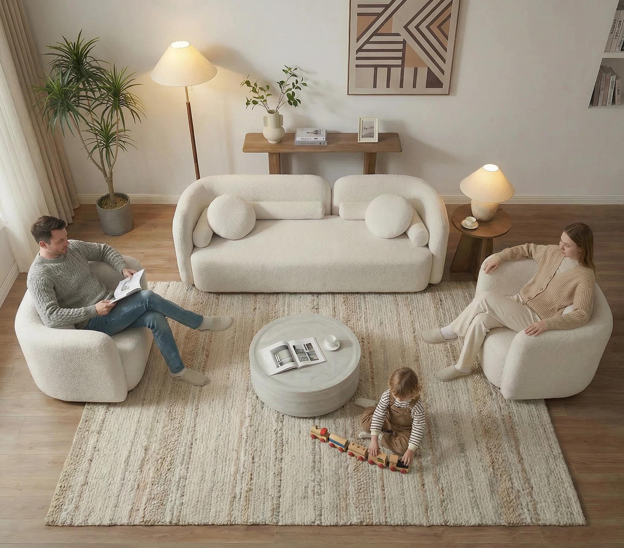 SSC SATISUNCASA White Sofa Couches Set of 3 Living Room Modern Integral Sofas Furniture 3 Seater Curved Back Sofa + 2 Single Chair Boucle Fabric Solid Wood Frame with 6 Pillows Rectangular Couch