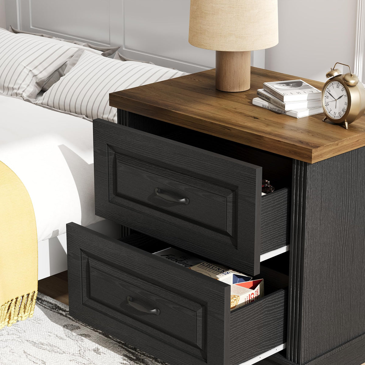 24" Wide Farmhouse Nightstand, Large End Table with 2 Drawers, Black