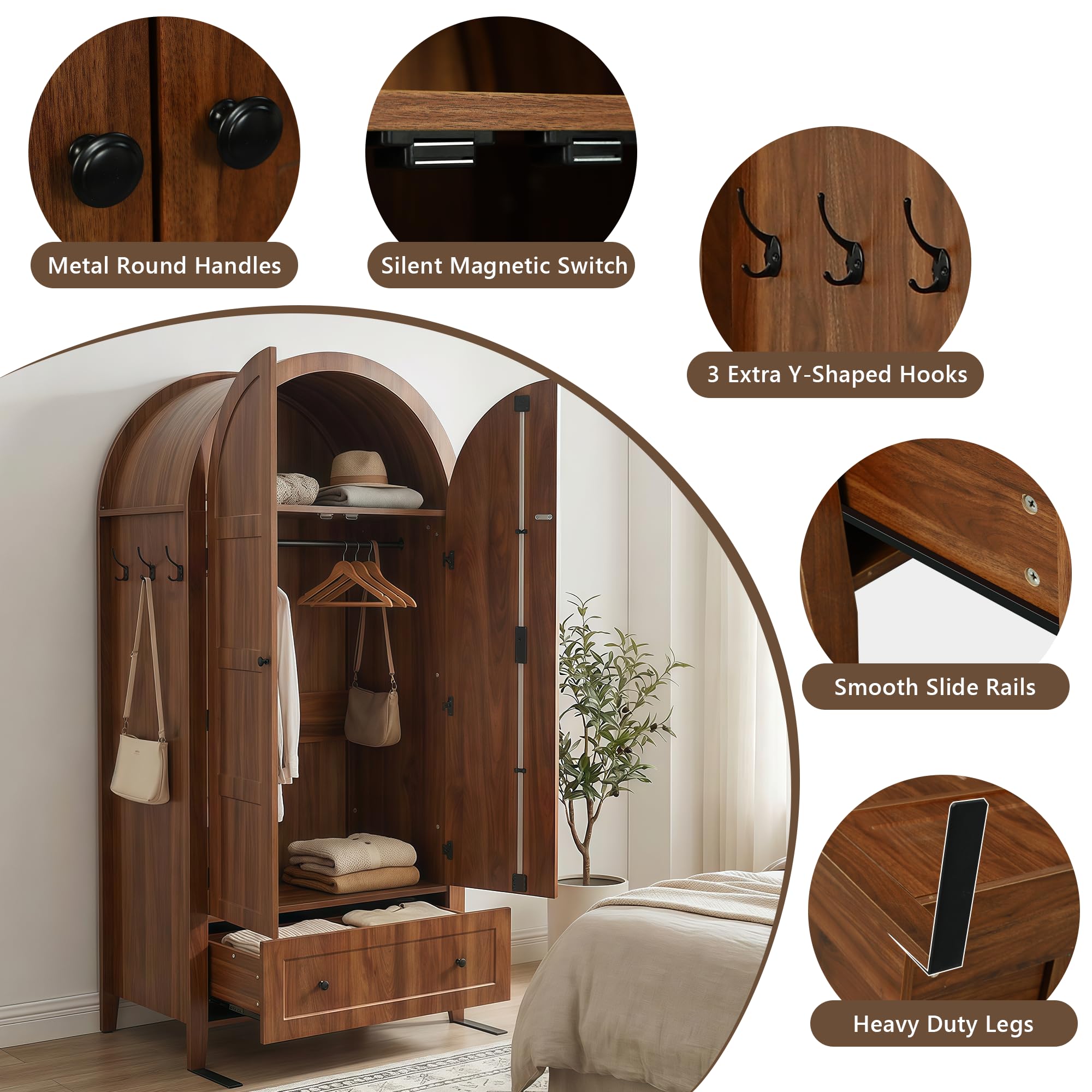 Freestanding Armoire Wardrobe with Arched Doors & Drawer