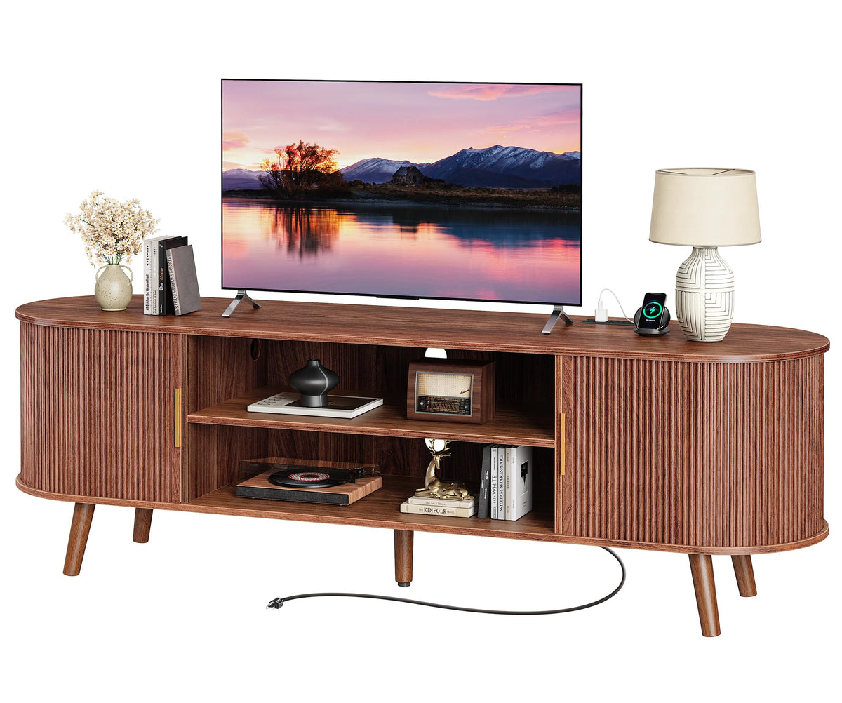 PRAISUN 63 Inch Fluted TV Stand for TVs up to 55, 65 Inch, TV Media Console with Power Outlets and USB-C Port, Entertainment Center with Storage, Curved Sliding Doors, Adjustable Shelf, Brown