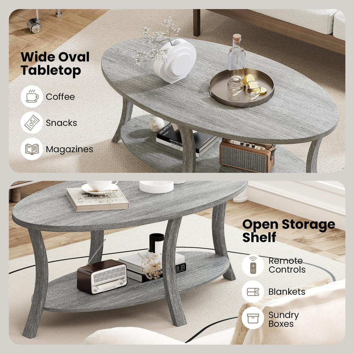Gray Oval Coffee Table with Storage