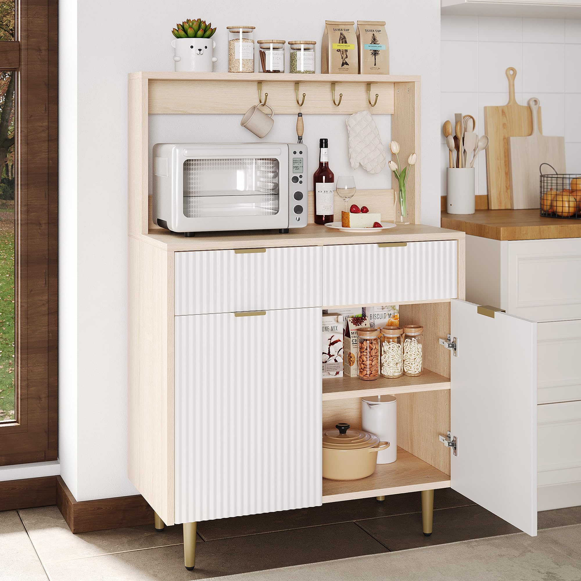 Modern Wood Sideboard Buffet Cabinet with Adjustable Shelves and 2 Drawers, Versatile Storage Console Table for Dining Room, Kitchen, Living Room, or Entryway, Organizer Solution