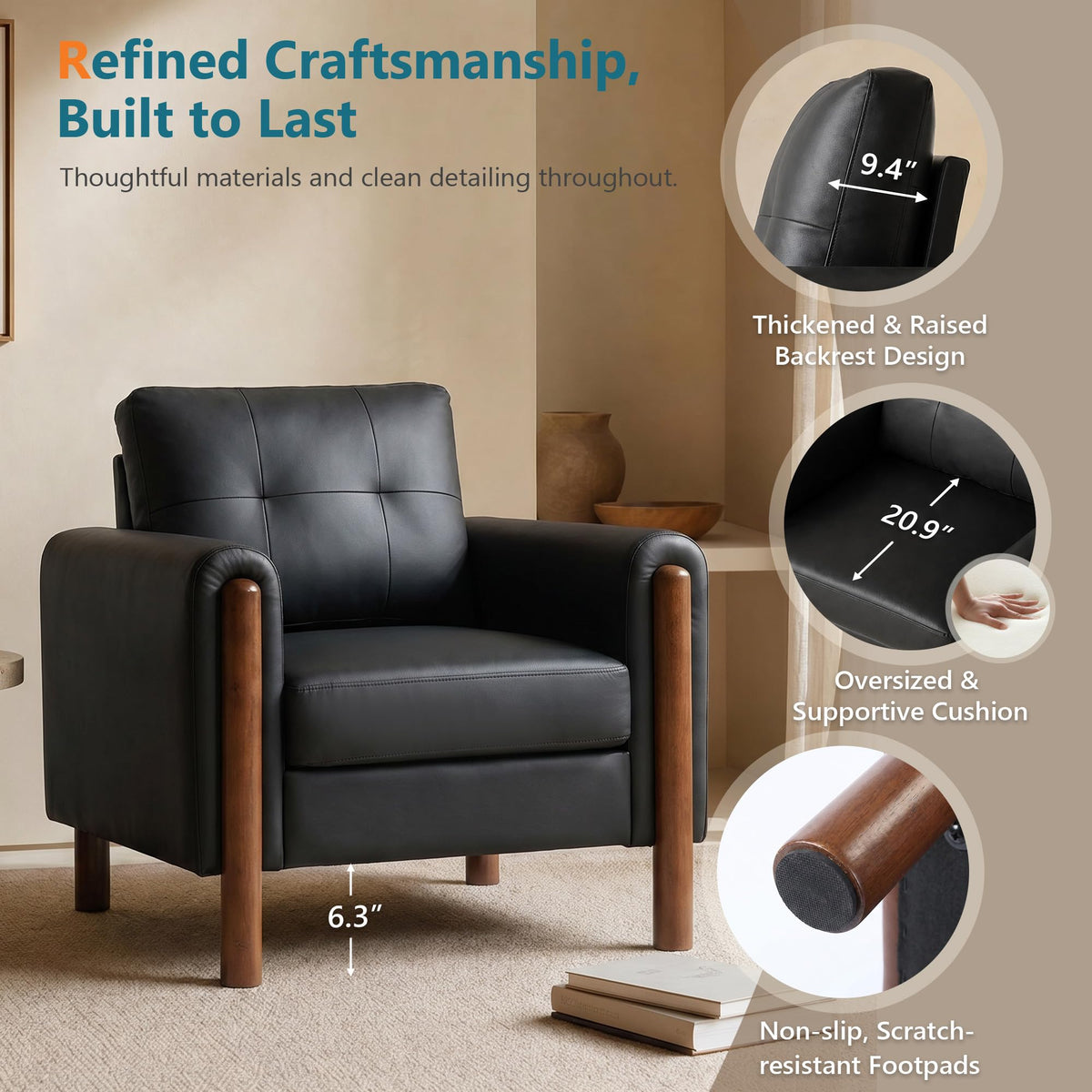 STHOUYN 35" Black Leather Oversized Accent Chair with Wood Armrests, Mid-Century Modern Tufted Living Room Chair, Comfy Reading Sofa Chair with Lumbar Support & Thick Cushion Waiting Room Office