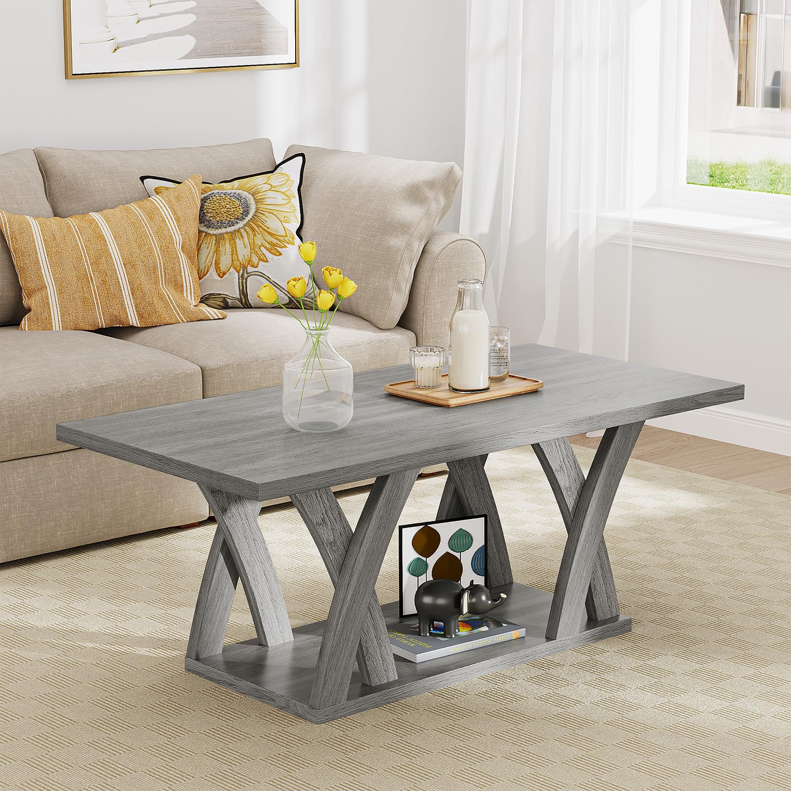 Farmhouse Coffee Table with Storage Shelf