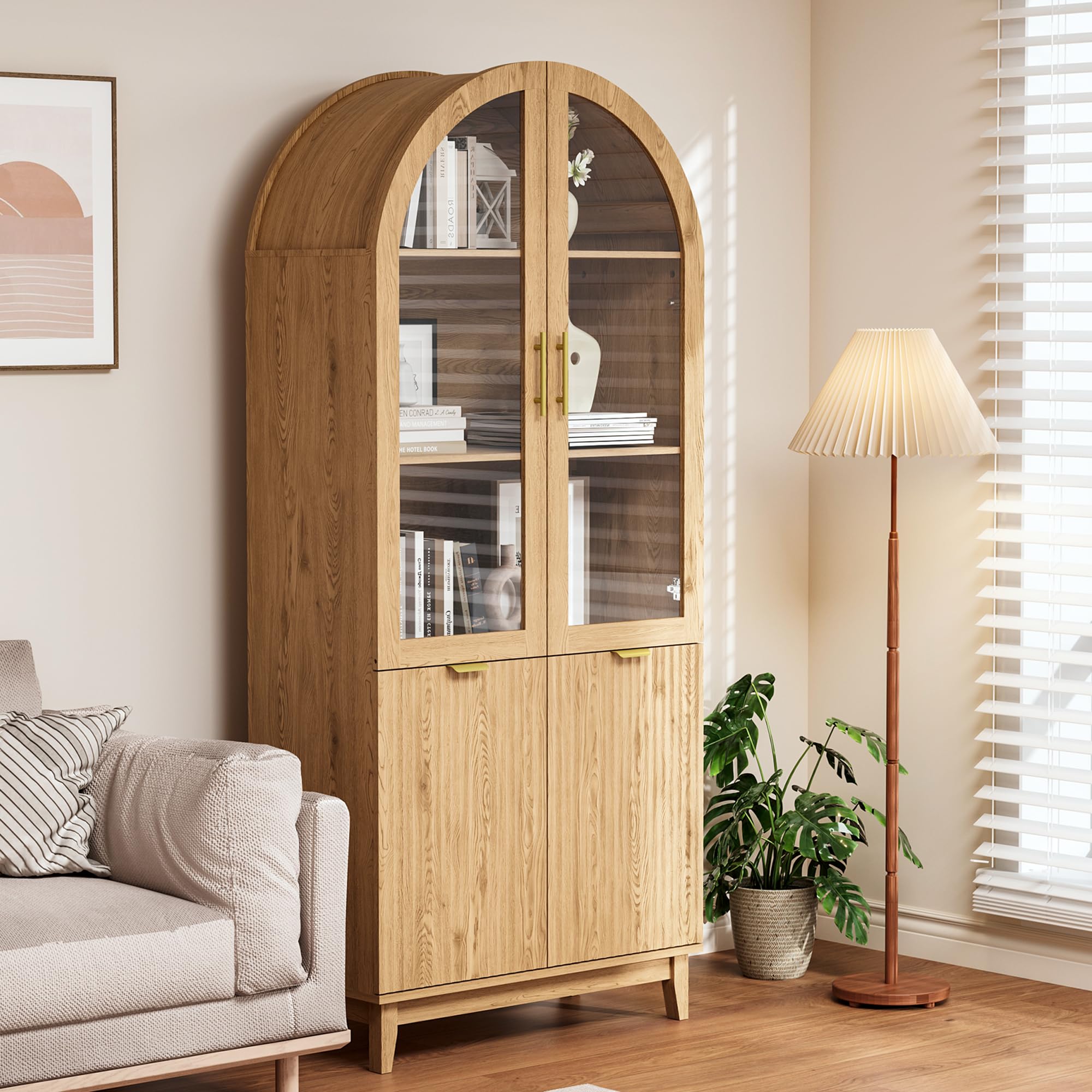 Arched Glass Door Pantry Cabinet with Fluted Detail