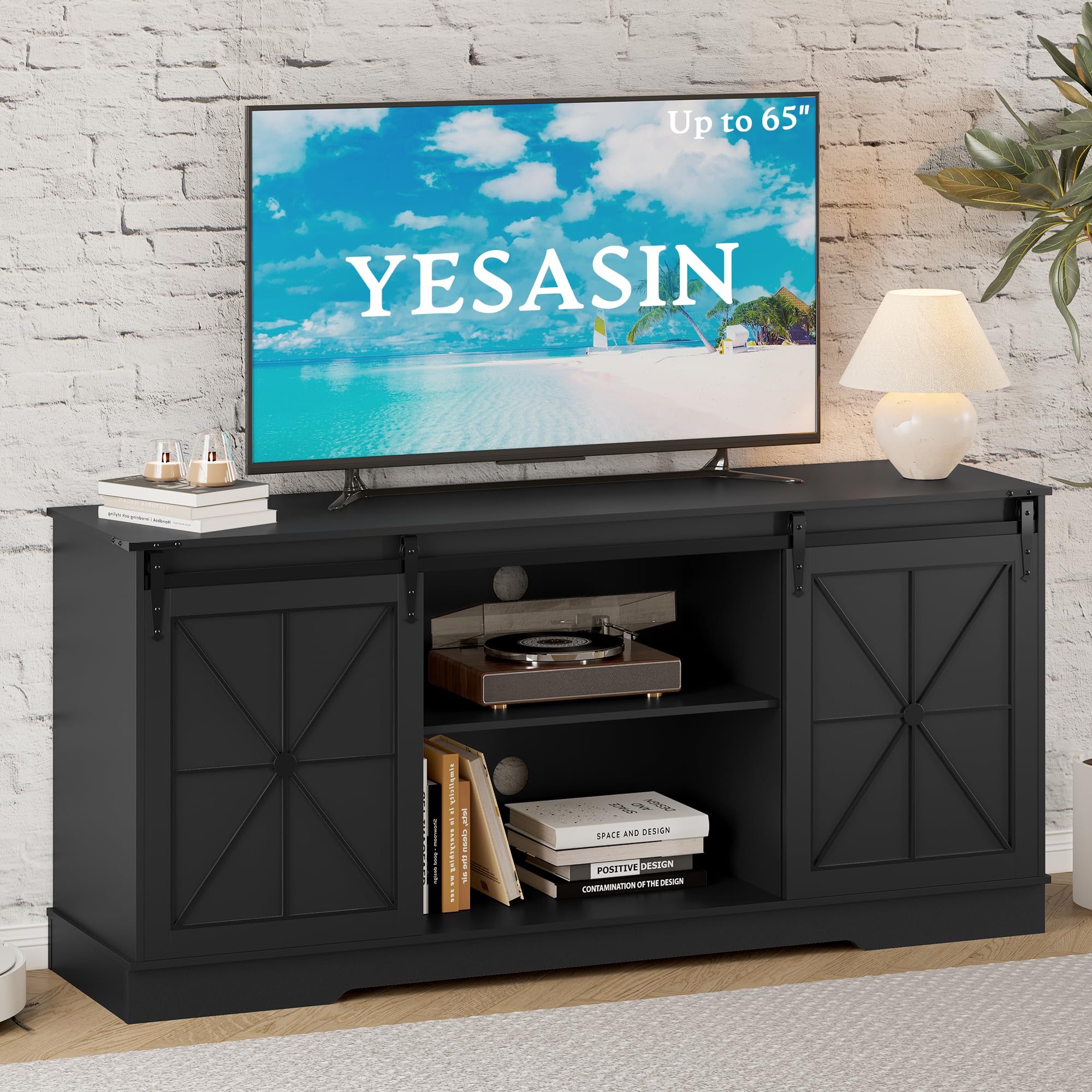 yesasin Farmhouse TV Stand for 55 60 65 Inch TV, Entertainment Center with Storage & Sliding Barn Doors, Easy Assembly, Modern Mid Century Media TV Console Table for Living Room, Bedroom Black