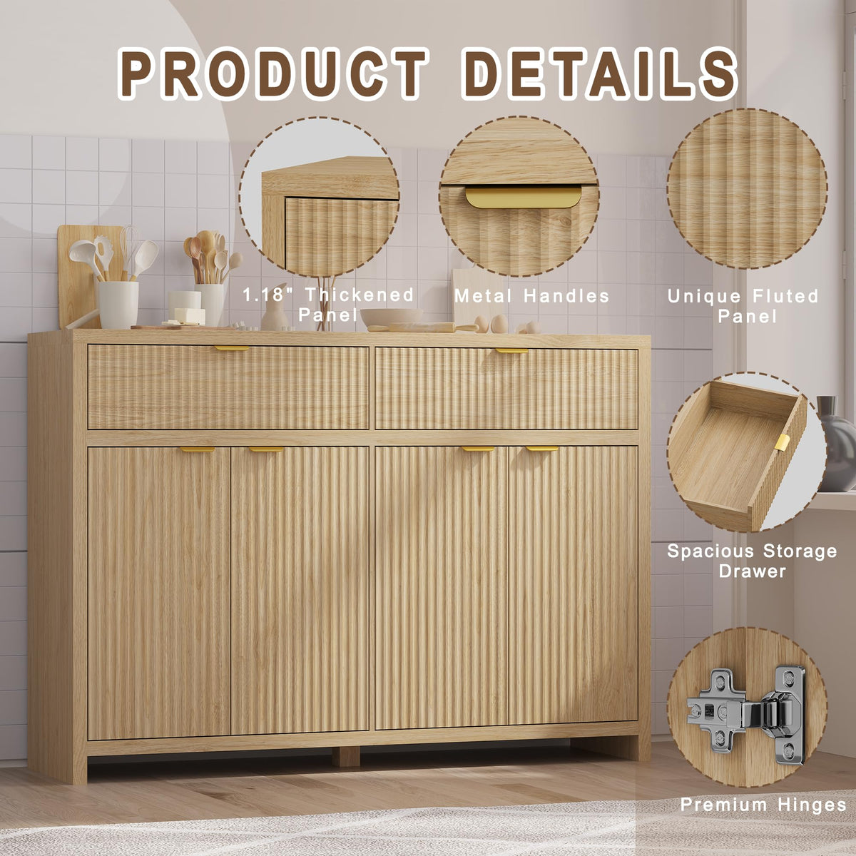 ANYMAPLE 55" Buffet Sideboard Cabinet with Storage Drawers, Fluted Credenza Storage Cabinet with Adjustable Shelf & Doors, Coffee Bar Station for Hallway