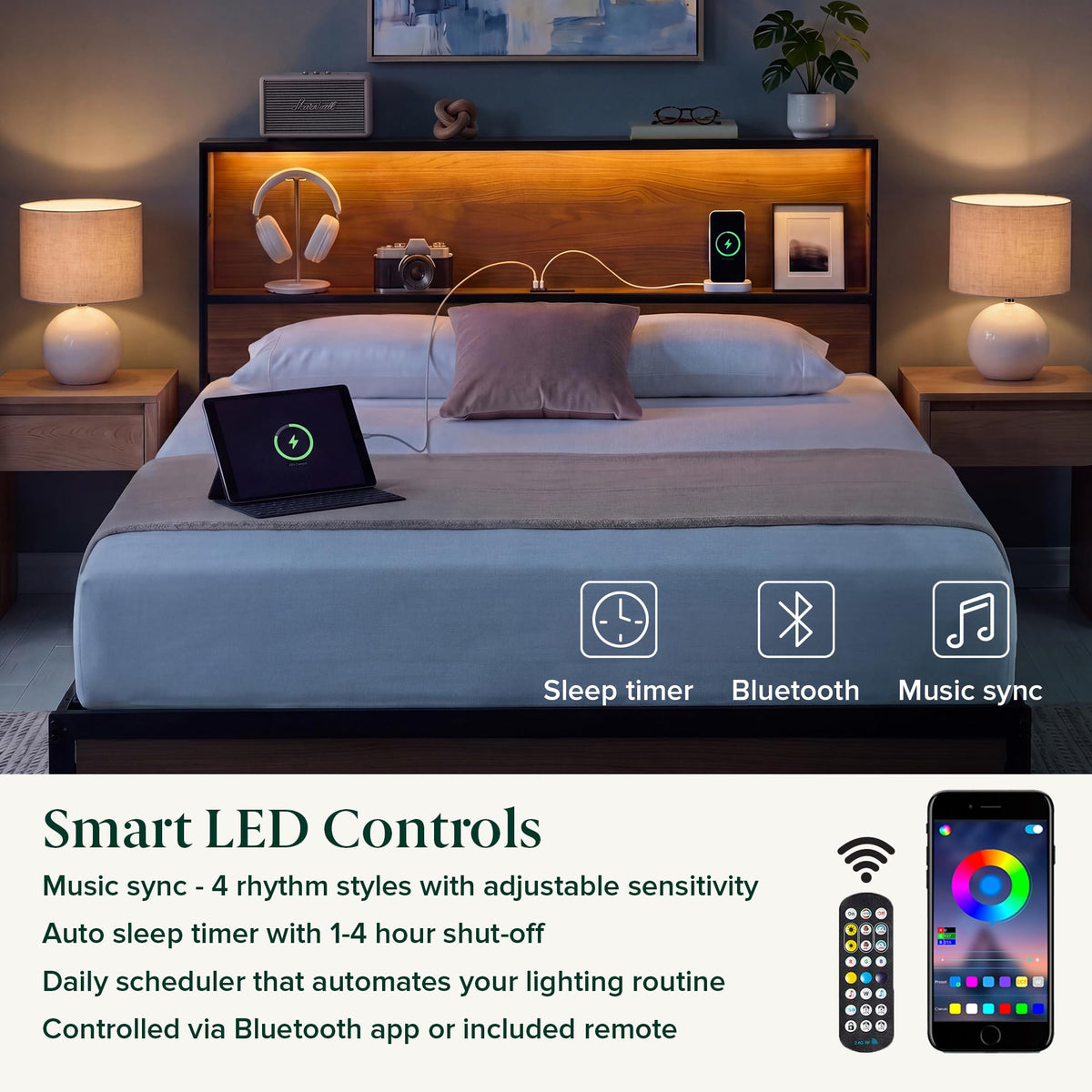 Zinus Kai Platform Bed Frame, RGB LED Lights, USB Charging Station, Twin