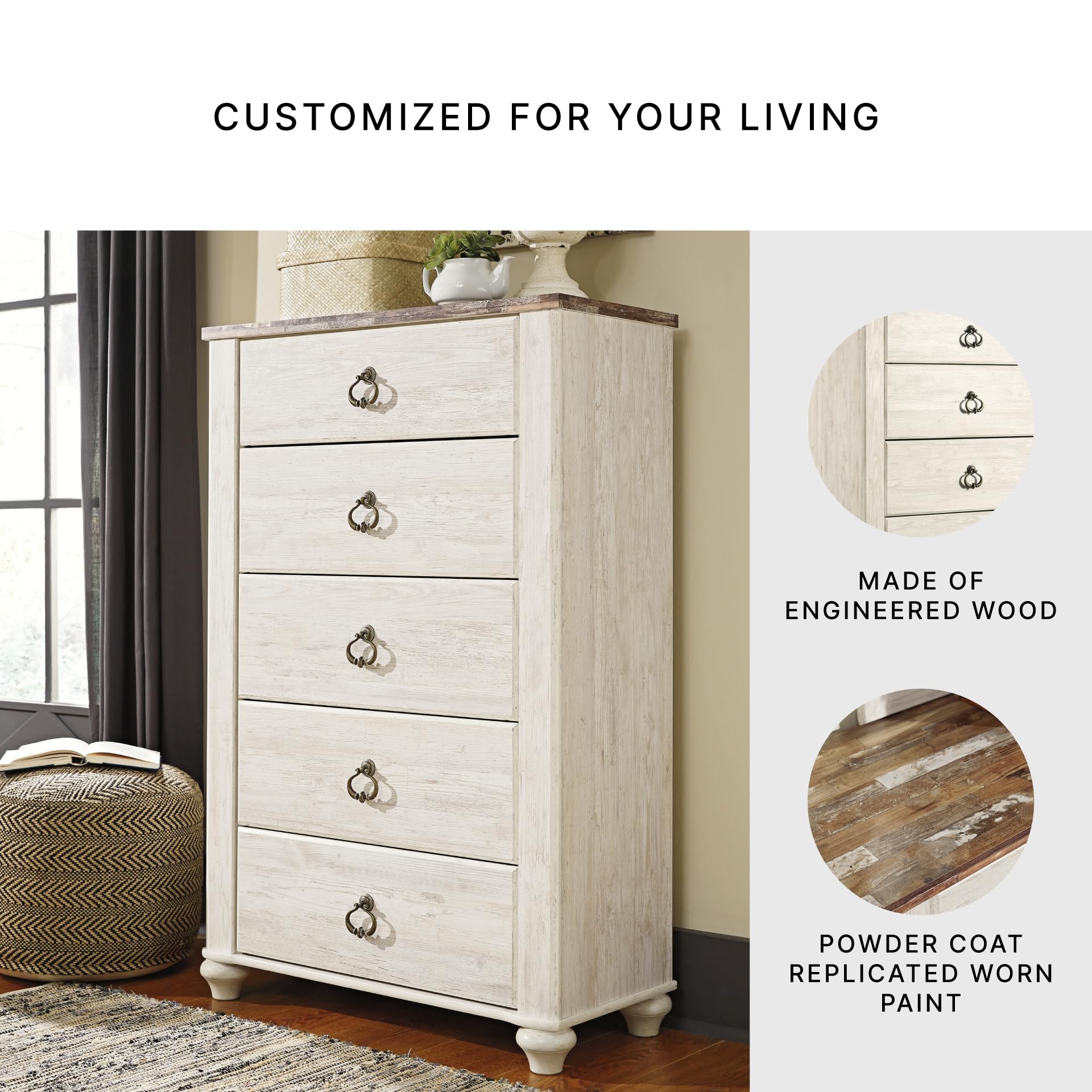 Signature Design by Ashley Willowton 5 Drawer Chest of Drawers, Two-tone Brown and Whitewash