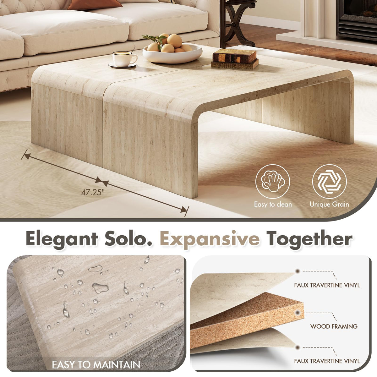 47" Travertine Look Coffee Table with Waterfall Edge
