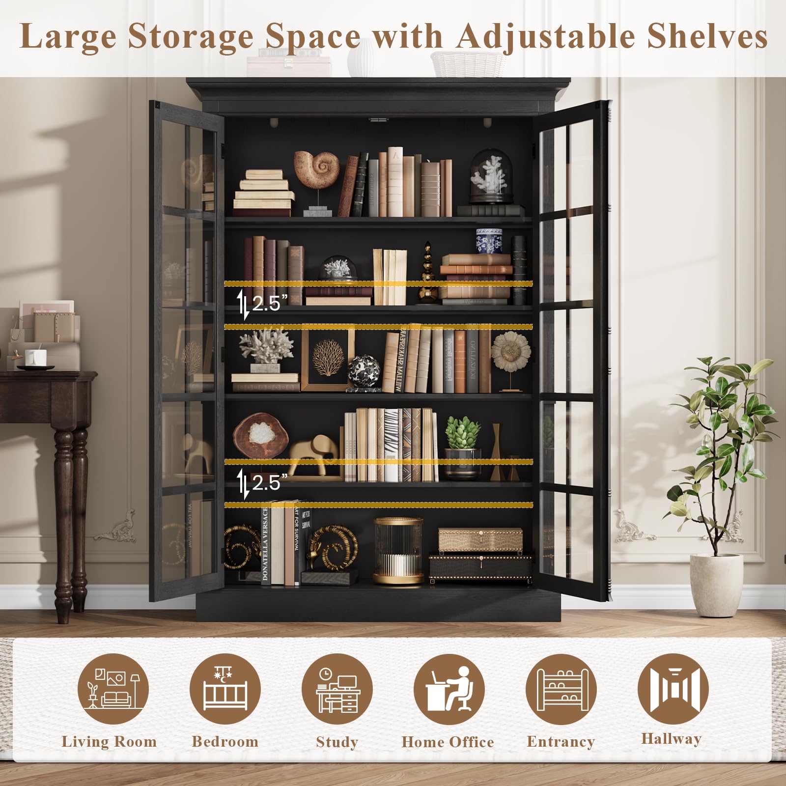 65" Farmhouse Display Cabinet with Glass Doors & Adjustable Shelves