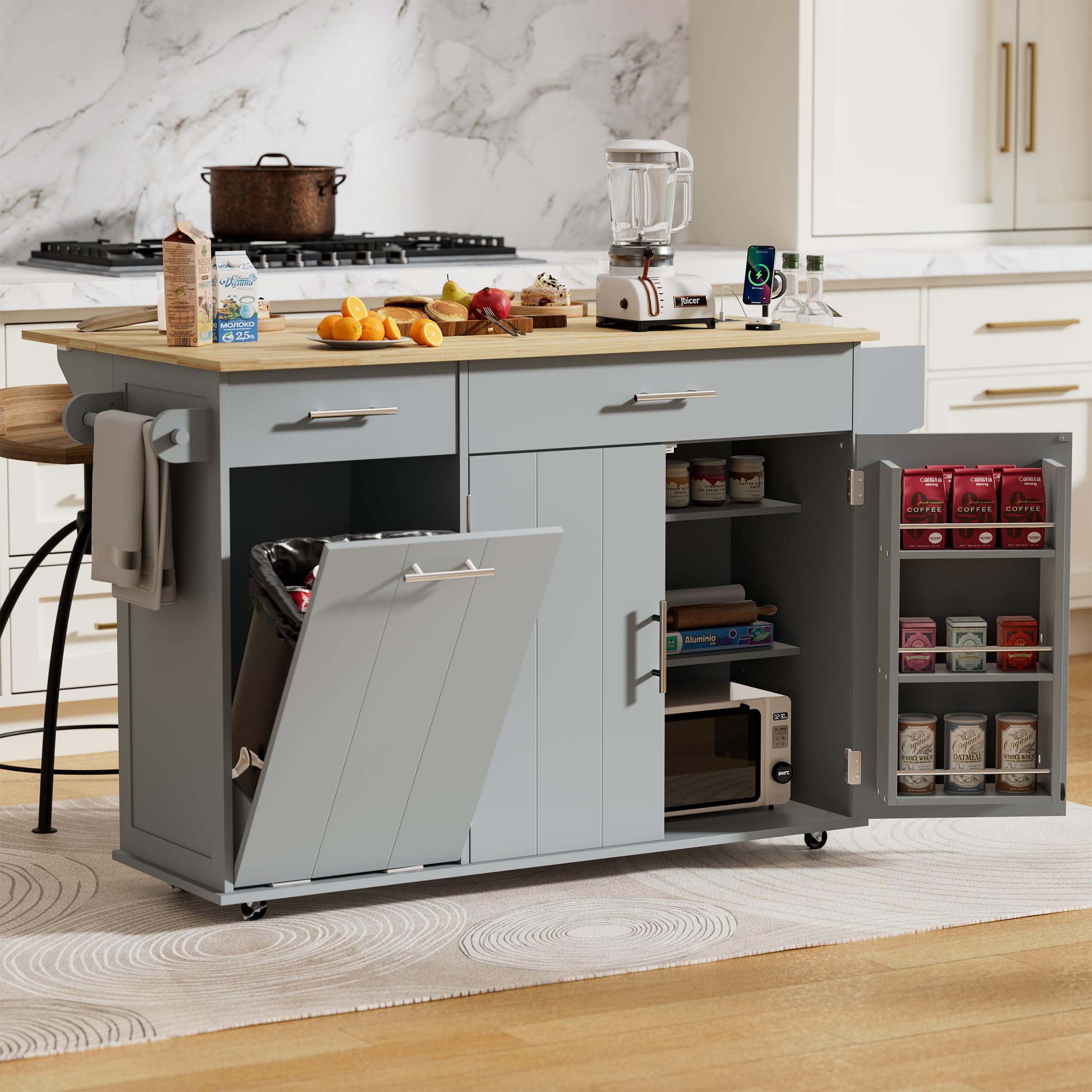 Rolling Kitchen Island with Trash Can Storage & Drop Leaf