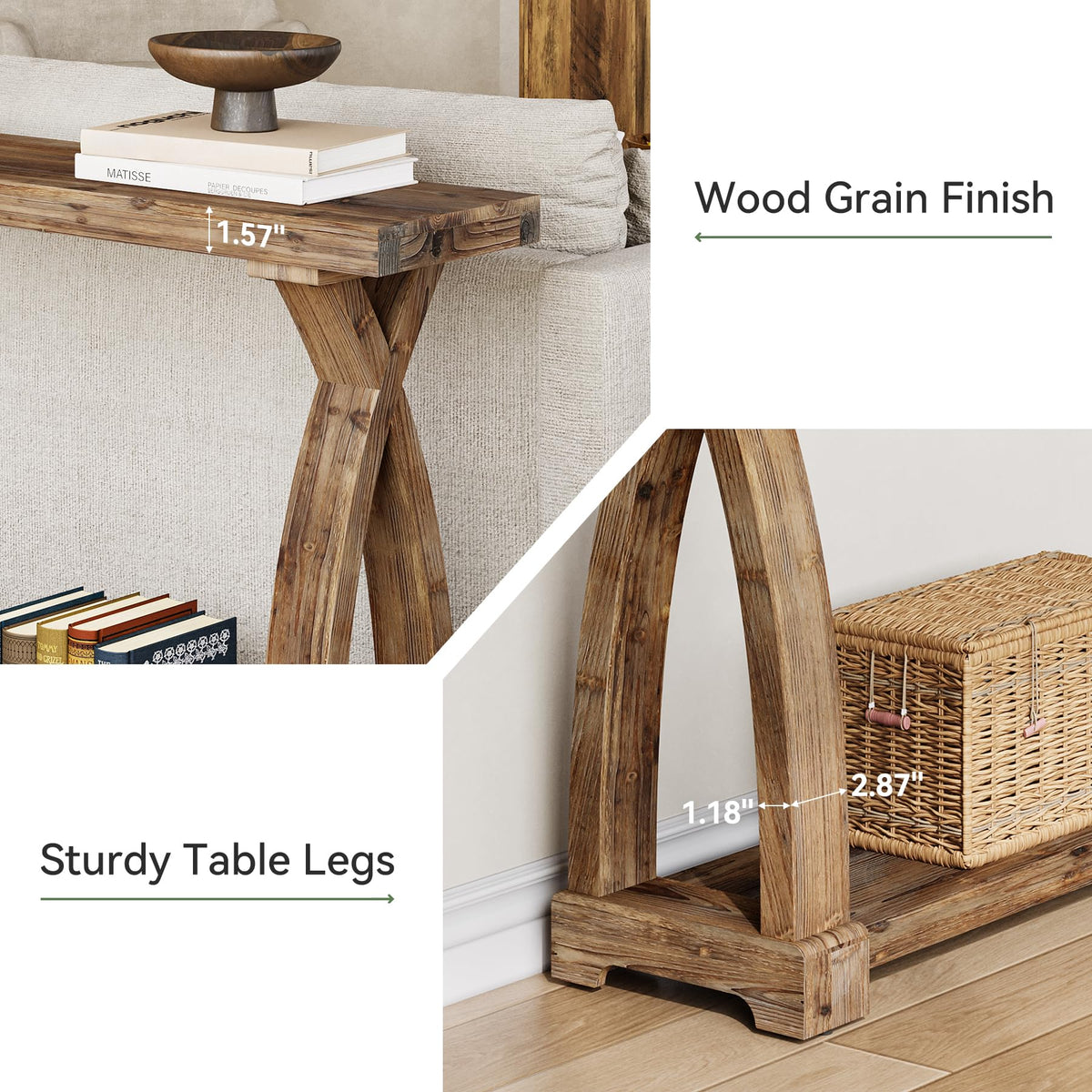 TRIBEWOOD Solid Wood Console Table for Entryway, 63-Inch Narrow Farmhouse Couch Table Behind Sofa with 2-Tier Storage for Entrance, Foyer, Living Room, Long, Rustic Brown